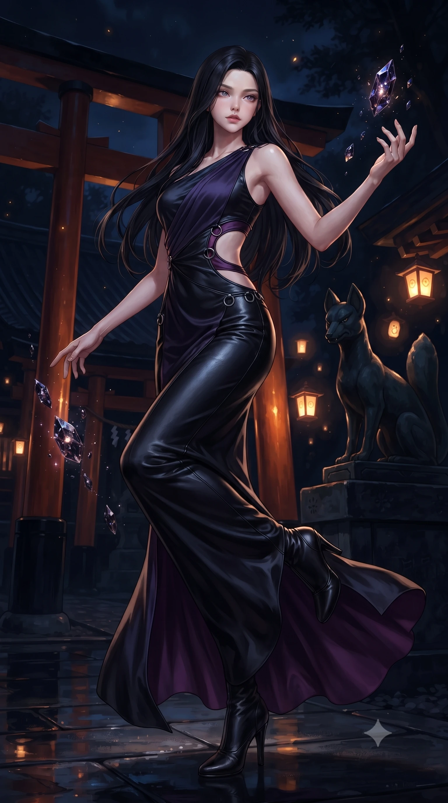 score_9, masterpiece, best quality, ultra-detailed, high-budget anime keyframe, editorial fashion photography, tasteful artistic composition, Korean woman. low angle full-body shot from head to toe showing her feet, filling the entire 9:16 vertical frame with her statuesque presence, stretching her vertical silhouette. interacting with floating dark crystal particles, her long slender legs poised in motion, resting near a dark stone fox statue illuminated by floating spirit lanterns, wet dark lacquer Torii gates reflecting sharp amber key highlights. She has an absolutely perfect, statuesque 8.5-heads proportion, an exceptionally tall and slender model-like female figure with impossibly long slender legs and an ultra-slim waist. sharp v-shaped jawline, high-bridge nose, intricate jewel-like eyes with depth, thick eyelashes, glossy lips with a natural sheen. wearing draped obsidian silk gown featuring tasteful waist slit cutouts in dark plum violet, made of polished black leather, trimmed with dark chrome ring hardware along the waist contours, the fitted fabric emphasizing her ultra-slim waist. illuminated by warm amber lantern light contrasting with pitch-black nocturnal shadows. highly saturated vibrant anime colors, detailed shading with soft gradients, rich glossy textures, high-contrast stereoscopic depth, volumetric dynamic lighting, master piece, 9:16 ratio