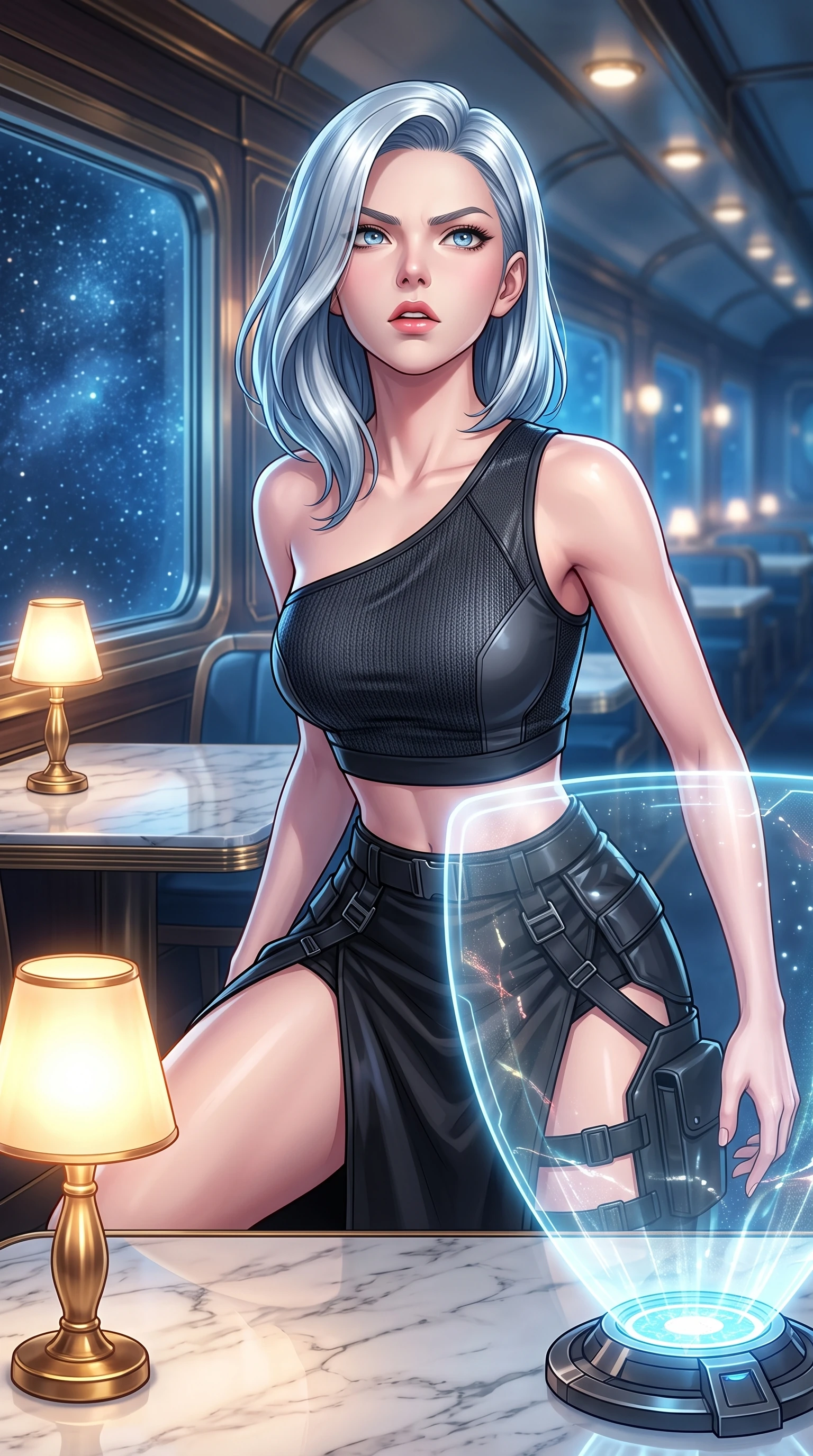 score_9, masterpiece, best quality, ultra-detailed, high-budget anime keyframe, editorial fashion photography, tasteful artistic composition, Korean woman. close-up cowboy shot from the waist and thighs up, the character dominates the composition, filling the frame with her large presence, background elements kept in soft focus. crouching slightly behind a glowing holographic shield emitter, looking up with defiance and lips slightly parted, the background shows a soft-focus a train dining car with marble tables, brass lamps, and large windows. She has an exceptionally elegant, slender, and willowy female figure with an ultra-slim waist, a gracefully sculpted slender torso, and a refined silhouette. sharp v-shaped jawline, high-bridge nose, intricate jewel-like eyes with depth, thick eyelashes, glossy lips with a natural sheen. wearing a slim-fit asymmetric one-shoulder crop top in carbon knit, paired with a high-slit combat skirt. warm glowing table lamps contrasting with cool blue starlight outside. highly saturated vibrant anime colors, detailed shading with soft gradients, rich glossy textures, high-contrast stereoscopic depth, volumetric dynamic lighting, master piece, 9:16 ratio