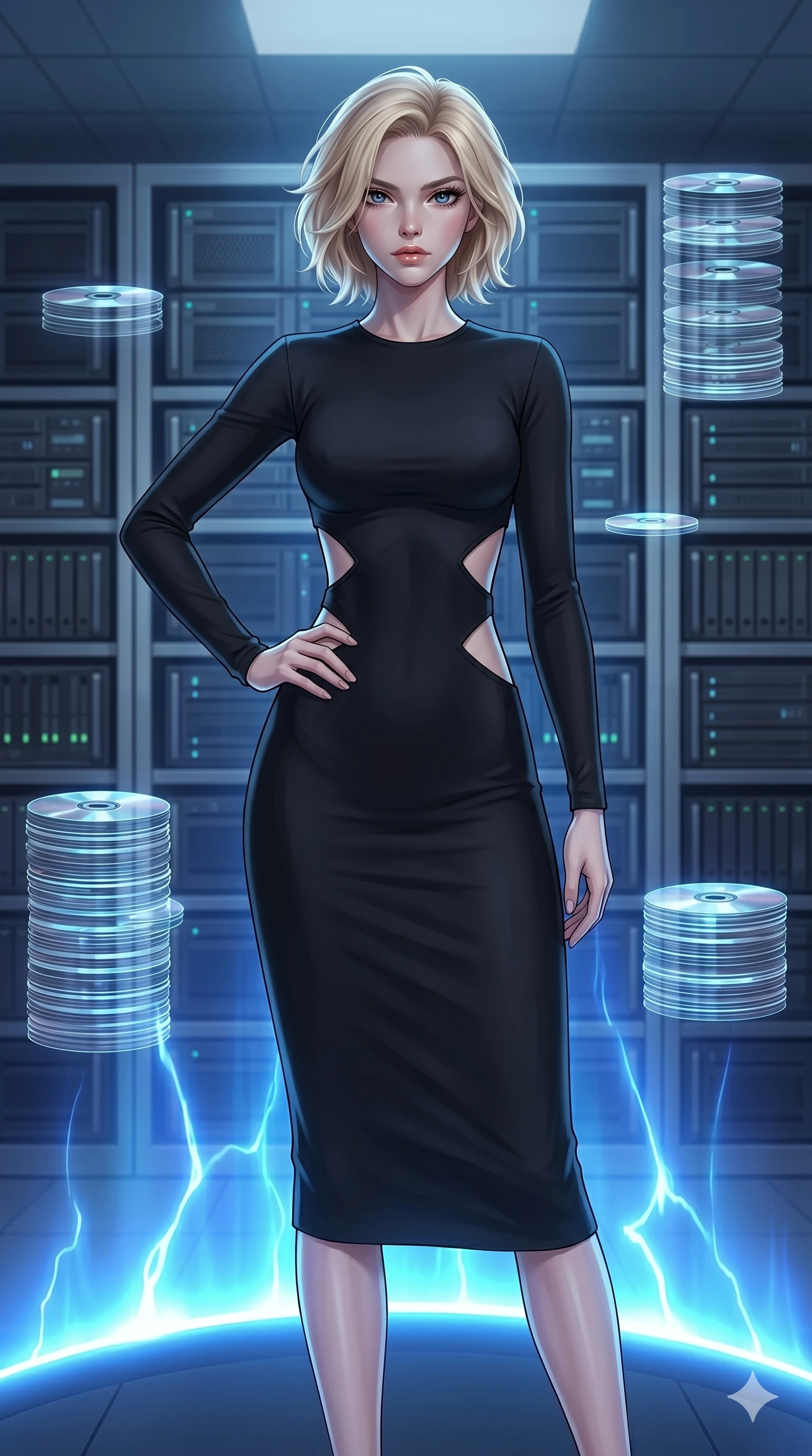 score_9, masterpiece, best quality, ultra-detailed, high-budget anime keyframe, editorial fashion photography, tasteful artistic composition, Caucasian woman, strictly human ears. cowboy shot from the thighs up, character and outfit filling the frame for maximum editorial presence. Holding a confident power pose with one hand on her hip inside a digital archive room where holographic data discs float in neat stacks. She has an absolutely perfect 8-heads proportion, an exceptionally tall and slender female figure with impossibly long slender legs and an ultra-slim waist. V-shaped jawline, high-bridge nose, intricate jewel-like eyes with depth, thick eyelashes, glossy lips with a natural sheen. wearing a matte black midi dress in heavy stretch-crepe with strategic diamond-shaped cutouts along the ribs and a high round neckline. highlighted by pulsing electric blue plasma arc lighting from below, casting dramatic upward shadows. 2k, ultra detail, master piece, 9:16 ratio