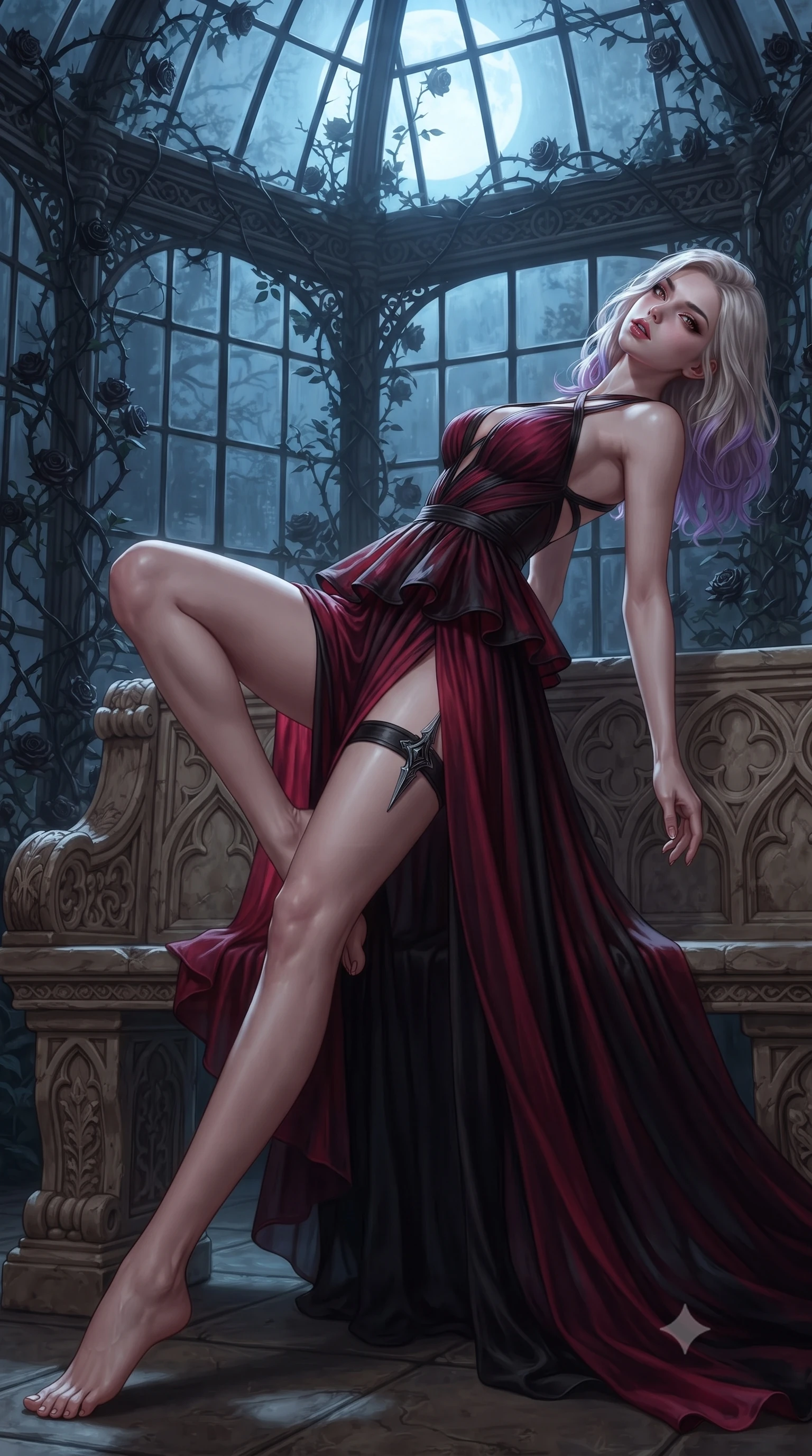score_9, masterpiece, best quality, ultra-detailed, high-budget anime keyframe, editorial fashion photography, tasteful artistic composition, Caucasian woman. low angle full-body shot from head to toe showing her feet, filling the entire 9:16 vertical frame with her statuesque presence, stretching her vertical silhouette. reclining back languidly with one knee bent and spine arched in a breathtaking dancer line, commanding the entire 9:16 vertical frame while reclining languidly on an antique stone bench in a moonlit glasshouse orangerie as thorny black rose vines climb the iron rafters. The surrounding environment is rendered in vivid detail and crisp panoramic clarity. high-contrast gothic romance chiaroscuro and atmospheric Victorian architecture rendered with precision. She has an absolutely perfect, statuesque 8.5-heads proportion, an exceptionally tall and slender model-like female figure with impossibly long slender legs, a toned flat midriff, and an ultra-slim waist. sharp v-shaped jawline, high-bridge nose, intricate jewel-like eyes with depth, thick eyelashes, glossy parted lips with a natural sheen, intensely captivating and seductive expression, flawlessly proportioned anatomical accuracy, strict slender model proportions, natural body alignment, perfectly sculpted long slender limbs, ultra-slim waistline, clean dynamic posture without body distortion. wearing an architectural peplum corset dress with crossed back straps and a high side slit in dramatic crimson and polished obsidian, woven from layered gossamer chiffon with a weightless sweeping drape, equipped with a concealed dagger sheath garter under her slit skirt, the form-contouring material adhering flawlessly to her sculpted flat midriff and slender torso, emphasizing her long leg lines and perfectly proportioned willowy build. surrounded by a seductive, aristocratic, and dangerously alluring vampire queen aura. ultra-reflective glossy finish, specular highlights, rich textural contrasts, high-contrast stereoscopic depth, volumetric dynamic lighting, 2k, ultra detail, master piece, 9:16 ratio