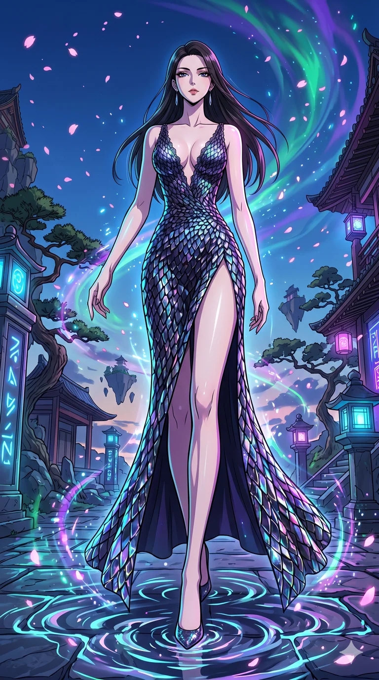 score_9, masterpiece, best quality, ultra-detailed, High-budget Anime Keyframe, vibrant colors, fluid line-art, expressive lighting, cinematic composition, Ufotable-style visual effects, top-tier animation quality, Japanese woman with delicate and elegant anime-inspired features. Dynamic full-body shot stretching the vertical silhouette, capturing her from a powerful low-angle perspective. Warping the very fabric of reality around her as she walks, the ground turning into liquid and the sky changing colors. She has an absolutely perfect 8-heads proportion, an exceptionally tall and slender female figure with impossibly long slender legs and an ultra-slim waist, her statuesque height and towering silhouette dominating the vertical 9:16 frame. Her face is a masterpiece featuring a sharp v-shaped jawline, high-bridge nose, intricate jewel-like eyes with depth, thick eyelashes, and glossy lips with a natural sheen. She is wearing a Holographic lace evening gown with a dangerously high slit and a plunging neckline crafted from Obsidian-glass scales that shimmer with a dark, crystalline brilliance, featuring a crystalline structure that catches the light and reveals her slender frame. The scene is set in an ancient floating island with pink cherry blossoms falling like snow against a blue sky, illuminated by harsh neon light and deep shadows creating a high-contrast noir aesthetic. 2k, ultra detail, master piece, 9:16 ratio