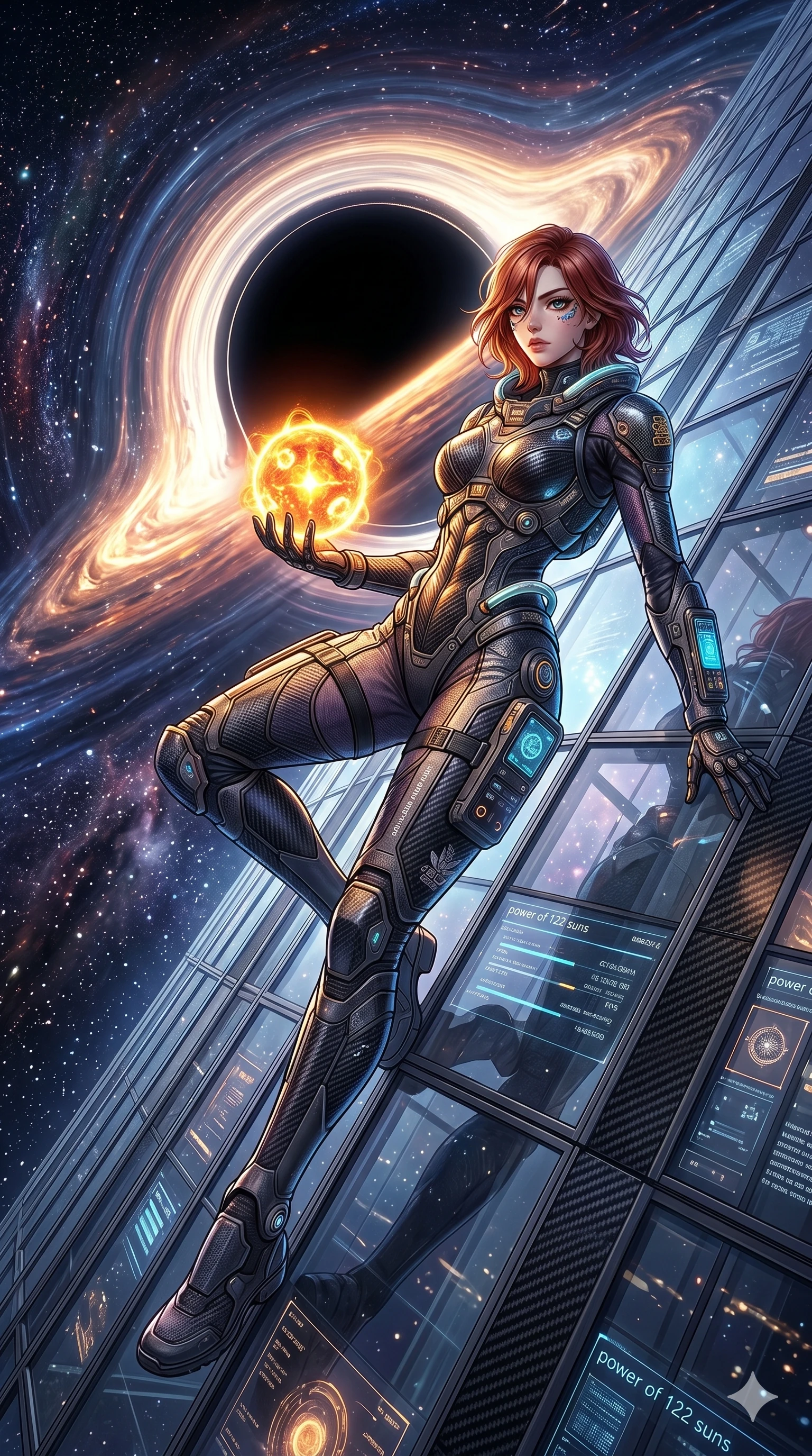 score_9, masterpiece, best quality, ultra-detailed, Set A: High-budget Anime Keyframe, Korean woman. Low angle cowboy shot filling the entire 9:16 frame with her statuesque presence. Theme: Historical Remix. sliding down a glass skyscraper in the edge of a black hole, holding a glowing core that hums with the power of 122 suns. The atmosphere is filled with a swirling vortex of stars. She has an absolutely perfect 8-heads proportion, an exceptionally tall and slender female figure with impossibly long slender legs and an ultra-slim waist. Sharp v-shaped jawline, high-bridge nose, intricate jewel-like eyes with depth, glossy lips. Wearing Interstellar pilot suit with glowing oxygen-tubes and a sleek carbon-fiber frame. Cinematic lighting, vivid colors, dramatic shadows, 2k, ultra detail, master piece, 9:16 ratio