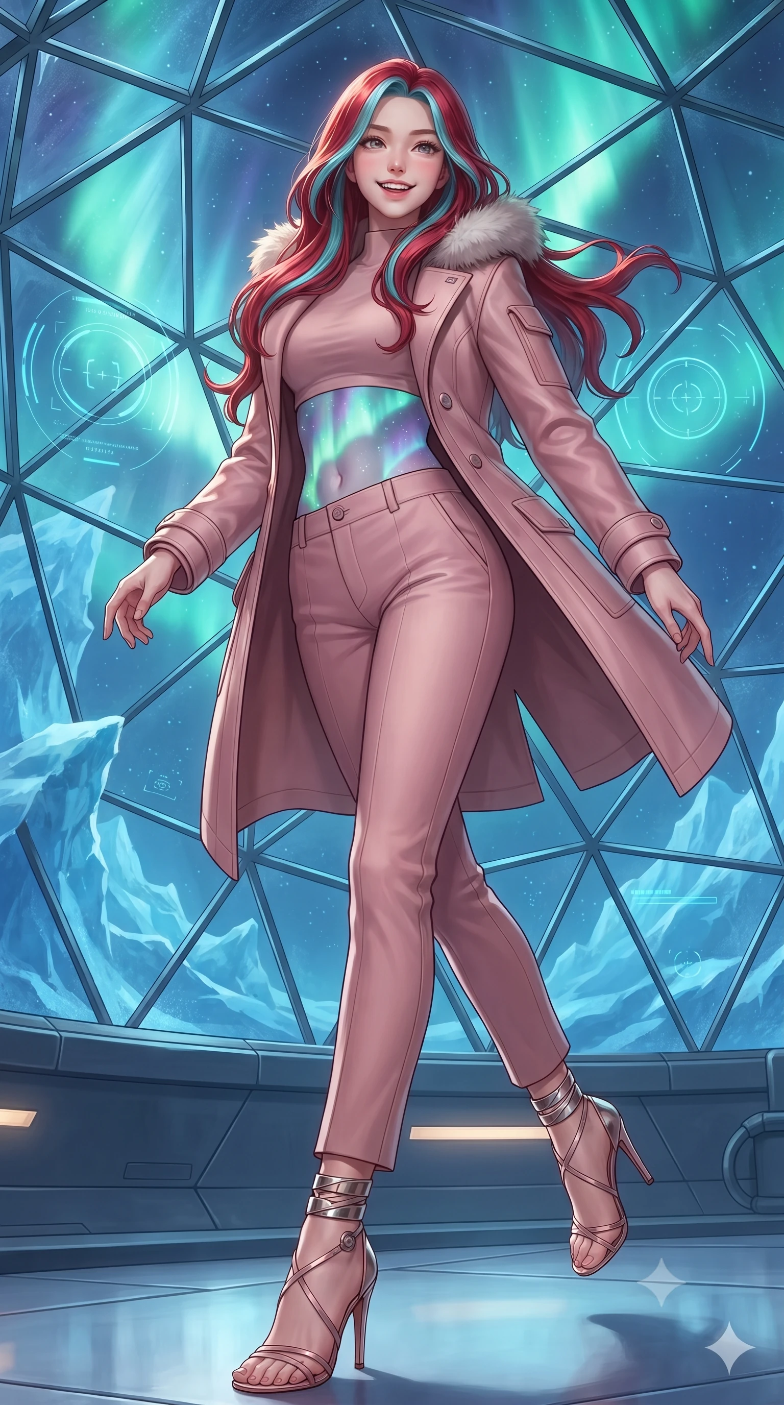 score_9, masterpiece, best quality, ultra-detailed, high-budget anime keyframe, editorial fashion photography, tasteful artistic composition, Caucasian woman. low angle full-body shot from head to toe showing her feet, filling the entire 9:16 vertical frame with her statuesque presence, stretching her vertical silhouette. stepping forward in a confident stride, her long slender legs and curvaceous hips creating a dynamic, sweeping vertical line while twisting her slender torso in an alluring S-curve, celestial green and violet auroral waves playing across her flat midriff and hourglass curves. The surrounding environment is rendered in vivid detail and crisp panoramic clarity: sharp faceted geodesic glass dome frames, wind-sculpted blue ice crusts, and glowing tactical HUD reticles in deep focus. She has an exceptionally tall and slender model-like 8.5-heads proportion, an ultra-slim waist, a flat toned midriff, narrow delicate ribcage, and beautifully sculpted feminine hips creating a graceful, slim hourglass silhouette without any bulky heaviness, with impossibly long slender legs. sharp v-shaped jawline, high-bridge nose, intricate jewel-like sparkling eyes with depth, thick eyelashes, glossy parted lips with a natural peach sheen, bright cheerful beaming smile with an enchanting and coquettish sensual glint, exuding both youthful cute charm and seductive allure, flawlessly proportioned anatomical accuracy, strict slender model proportions, natural body alignment, perfectly sculpted long slender limbs, ultra-slim waistline, clean dynamic posture without body distortion. wearing a futuristic double-breasted arctic combat officer greatcoat with thermal fur-lined collar and tailored wool trousers in Solaris liquid rose-quartz and alien peach, tailored from high-density tech-wool with subtle metallic thread weave, complemented by strappy stiletto sandals with metallic ankle wraps accentuating her slender calves, the bespoke structured tailoring following the natural line of her 8.5-heads silhouette with refined elegance. bathed in the natural undulating luminescence of polar auroras contrasted with warm 2500K dome interior cove lighting. ultra-reflective glossy finish, specular highlights, rich textural contrasts, high-contrast stereoscopic depth, volumetric dynamic lighting, 2k, ultra detail, master piece, 9:16 ratio