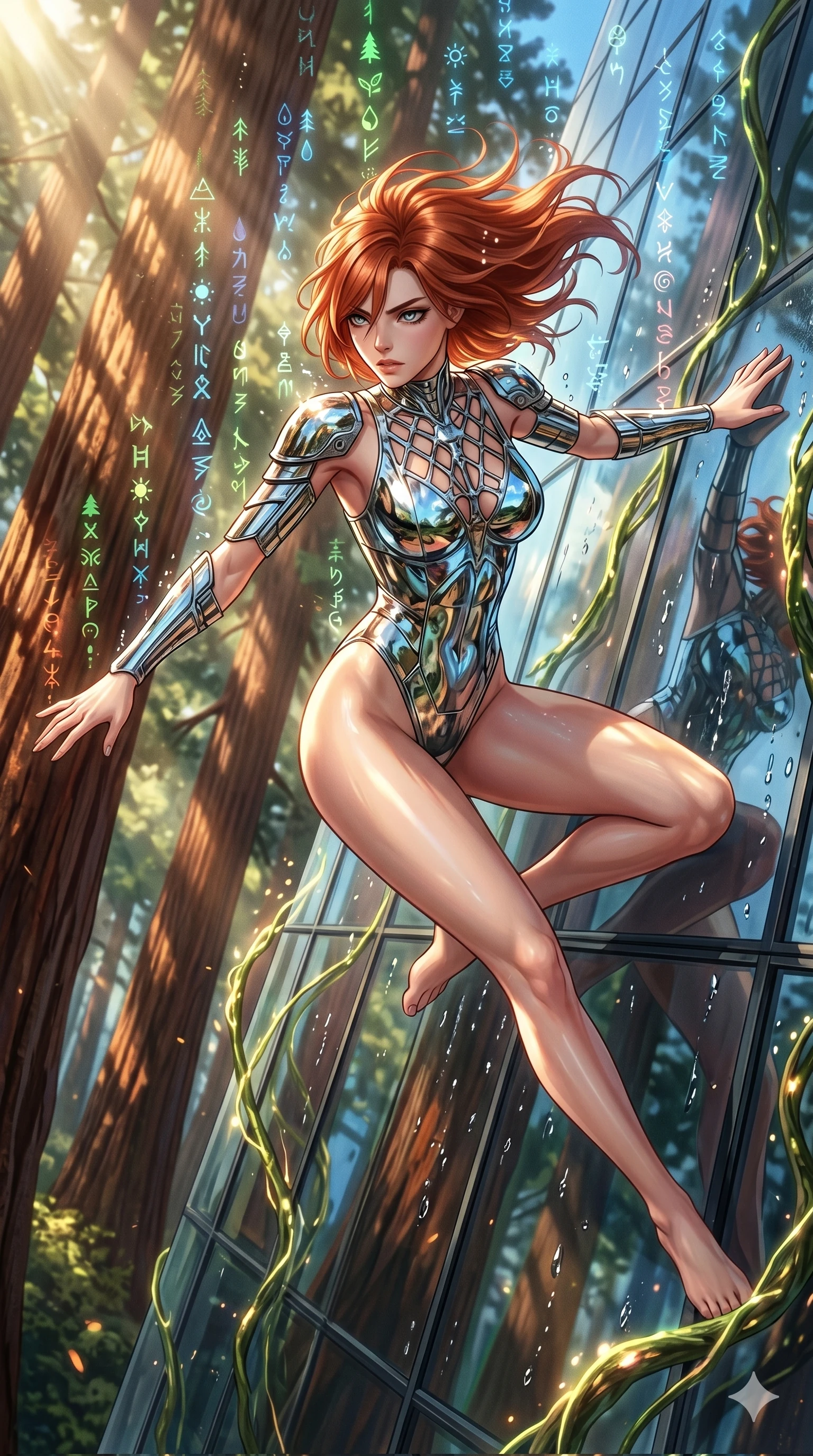 score_9, masterpiece, best quality, ultra-detailed, Set A: High-budget Anime Keyframe, Caucasian (human ears) woman. Upper body close-up from the thighs up, character filling the screen for maximum presence. Theme: Primal Nature. sliding down a glass skyscraper in a giant redwood forest with glowing vines, as a digital rain of 7 symbols washes over her. The atmosphere is filled with cinematic sunlight through leaves. She has an absolutely perfect 8-heads proportion, an exceptionally tall and slender female figure with impossibly long slender legs and an ultra-slim waist. Sharp v-shaped jawline, high-bridge nose, intricate jewel-like eyes with depth, glossy lips. Wearing Mirror-surface metallic bodysuit that reflects the environment, with high-cut legs. Cinematic lighting, vivid colors, dramatic shadows, 2k, ultra detail, master piece, 9:16 ratio