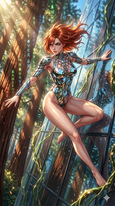 score_9, masterpiece, best quality, ultra-detailed, Set A: High-budget Anime Keyframe, Caucasian (human ears) woman. Upper body close-up from the thighs up, character filling the screen for maximum presence. Theme: Primal Nature. sliding down a glass