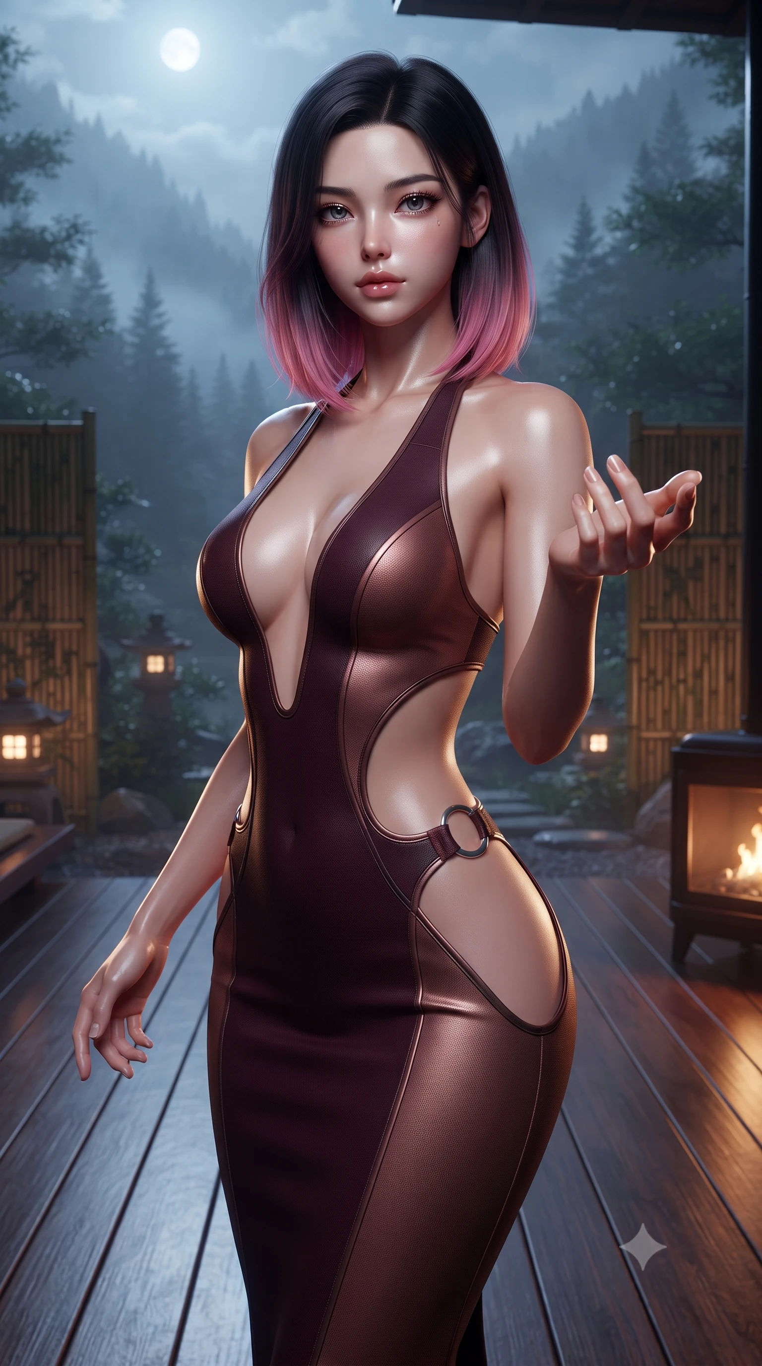 score_9, masterpiece, best quality, ultra-detailed, high-budget anime keyframe, editorial fashion photography, tasteful artistic composition, Korean woman. close-up cowboy shot from the waist and thighs up, the character dominates the composition, filling the frame with her large presence, background elements kept in soft focus. Reaching one hand gracefully toward the viewer with effortless superiority and allure poised on a polished wooden deck overlooking a serene mist-covered alpine forest, bamboo partitions and stone lanterns casting peaceful organic shadows. She has an exceptionally elegant, slender, and willowy female figure with an ultra-slim waist, a gracefully sculpted slender torso, and a refined silhouette. sharp v-shaped jawline, high-bridge nose, intricate jewel-like eyes with depth, thick eyelashes, glossy lips with a natural sheen. wearing a deep-scoop halter bodycon dress with hip cutouts connected by silver rings in deep burgundy and bronze, formed from sleek second-skin neoprene, featuring clean architectural cutouts along her slender torso, the tailored fabric tightly following every curve of her athletic build. illuminated by serene silver moonlight and warm amber hearth reflections. ultra-reflective glossy finish, specular highlights, metallic sheen, high-contrast stereoscopic depth, volumetric dynamic lighting, 2k, ultra detail, master piece, 9:16 ratio