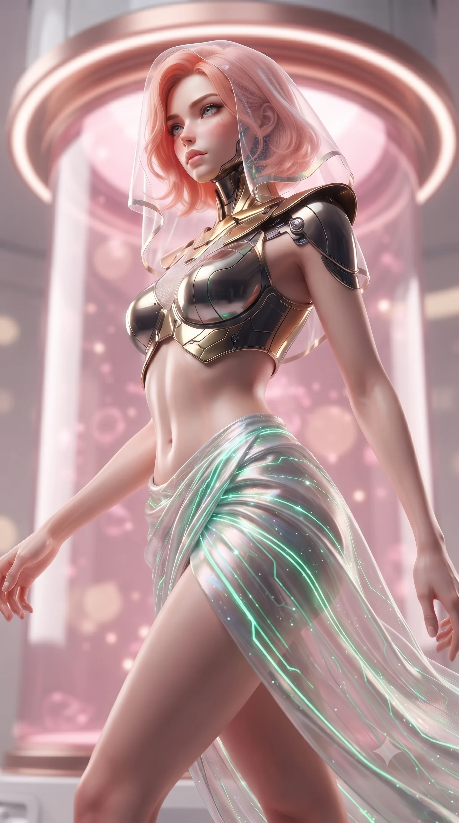 score_9, masterpiece, best quality, ultra-detailed, high-budget anime keyframe, editorial fashion photography, tasteful artistic composition, Japanese woman. close-up cowboy shot from the waist and thighs up, the character dominates the composition, filling the frame with her large presence. stretching forward with an alluring arch of her spine, glancing over her shoulder with divine self-assurance and magnetic intensity while stepping gracefully out of a soaring crystal incubator cylinder filled with glowing pink nanotech stasis fluid. The composition keeps background elements in soft focus with creamy bokeh. glowing pink nanotech fluid and rotating rose-gold halo rings blurred into soft, creamy pastel and champagne bokeh. She has an exceptionally elegant, slender, and willowy female figure with an ultra-slim waist, a gracefully sculpted slender torso, toned flat midriff, and a refined slim silhouette. sharp v-shaped jawline, high-bridge nose, intricate jewel-like eyes with depth, thick eyelashes, glossy lips with a natural sheen, flawlessly proportioned anatomical accuracy, strict slender model proportions, natural body alignment, perfectly sculpted long slender limbs, ultra-slim waistline, clean dynamic posture without body distortion. wearing an ethereal translucent cyber-veil paired with a sculpted golden mechanical cuirass and high-fashion draped silk skirt in radiant emerald green circuit lines and polished silver sheen, crafted from delicate iridescent organza interwoven with luminescent micro-fibers, featuring a sleek aerodynamic collar framed by subtle glowing cybernetic accents, the form-contouring material adhering flawlessly to her sculpted flat midriff and slender torso, emphasizing her long leg lines and perfectly proportioned willowy build. surrounded by a pristine, divine, and breathtakingly beautiful cyber-muse awakening atmosphere. ultra-reflective glossy finish, specular highlights, dark metallic sheen, high-contrast stereoscopic depth, volumetric dynamic lighting, 2k, ultra detail, master piece, 9:16 ratio