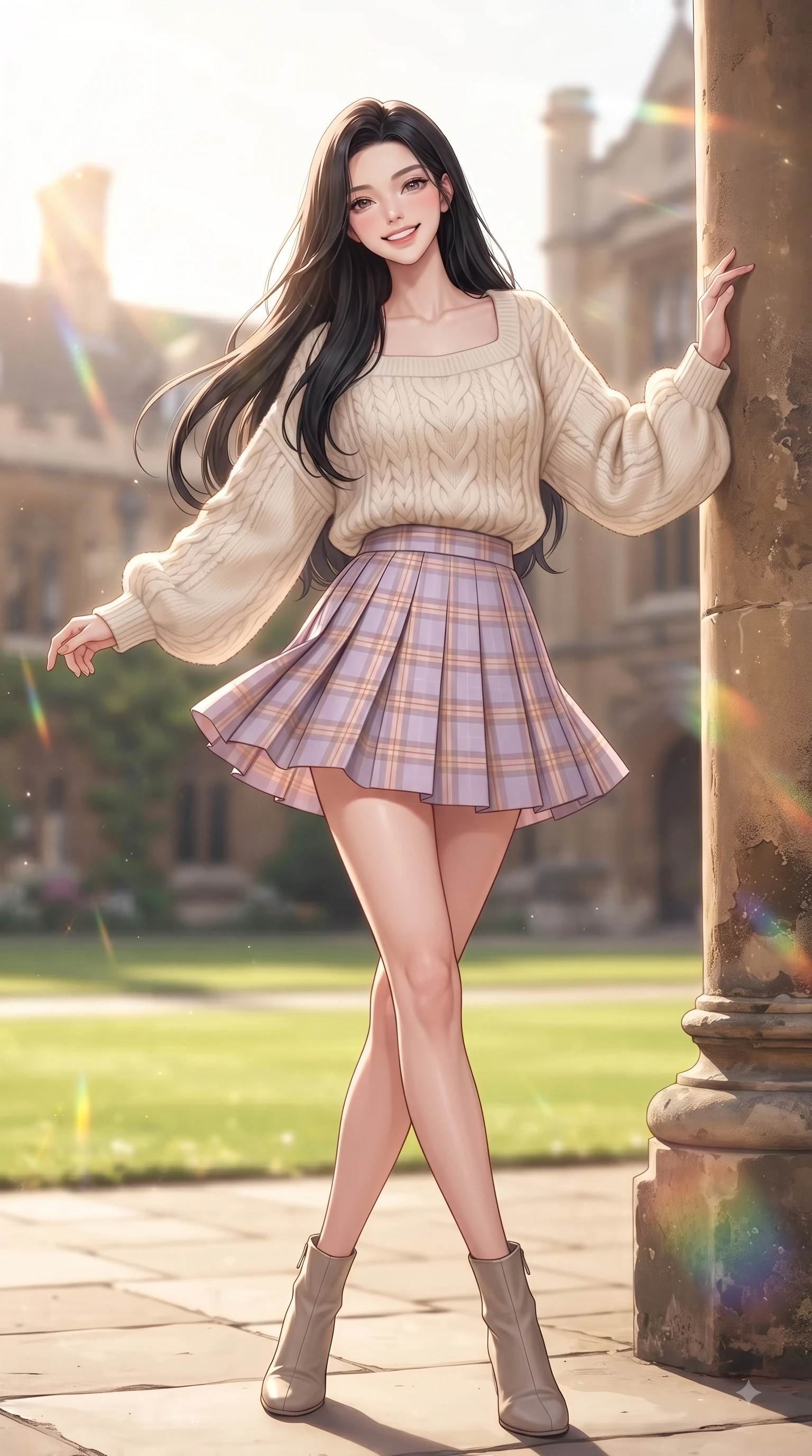 score_9, masterpiece, best quality, ultra-detailed, high-budget anime keyframe, editorial fashion photography, tasteful artistic composition, Korean woman. low angle full-body shot from head to toe showing her feet, filling the entire 9:16 vertical frame with her statuesque presence, stretching her vertical silhouette. performing a cheerful mid-motion turn with flawless poise, her radiant smile capturing fresh girlhood energy while leaning against an antique stone column in a sun-drenched university quadrangle with a sweet grin. The composition keeps background elements in soft focus with dreamy bokeh. lush green quad lawns and historical college buildings blurred in dreamy shallow focus. She has an absolutely perfect, statuesque 8.5-heads proportion, an exceptionally tall and slender model-like female figure with impossibly long slender legs and an ultra-slim waist. sharp v-shaped jawline, high-bridge nose, intricate jewel-like eyes with depth, thick eyelashes, glossy lips with a natural sheen, flawlessly proportioned anatomical accuracy, natural body alignment, perfectly sculpted elegant limbs, clean dynamic posture without body distortion. wearing a cozy oversized cable-knit sweater paired with a chic pleated plaid mini skirt in pastel lilac and soft rose gold, made of comfortable premium stretch denim and soft jersey, featuring elegant flutter sleeves and a graceful square neckline, the soft airy drape swaying gracefully with her dynamic movements. illuminated by warm golden sunbursts and bright clear sky refractions. ultra-reflective glossy finish, specular highlights, metallic sheen, high-contrast stereoscopic depth, volumetric dynamic lighting, 2k, ultra detail, master piece, 9:16 ratio