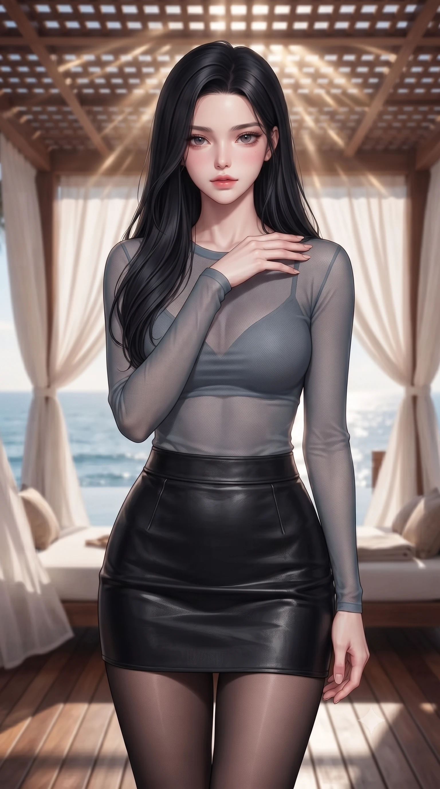 score_9, masterpiece, best quality, ultra-detailed, high-budget anime keyframe, editorial fashion photography, tasteful artistic composition, Korean woman. close-up cowboy shot from the waist and thighs up, the character dominates the composition, filling the frame with her large presence, background elements kept in soft focus. standing with one hand resting on her collarbone, looking at the viewer with bedroom-eyes the background shows a soft-focus a secluded oceanfront villa terrace with white linen drapes and teak wood flooring. She has an exceptionally elegant, slender, and willowy female figure with an ultra-slim waist, a gracefully sculpted slender torso, and a refined silhouette. sharp v-shaped jawline, high-bridge nose, intricate jewel-like eyes with depth, thick eyelashes, glossy lips with a natural sheen. wearing a slim-fit semi-transparent mesh top in slate grey, paired with a leather mini skirt and sheer stockings. bright ocean sunbeams reflecting off water onto the wooden canopy. highly saturated vibrant anime colors, detailed shading with soft gradients, rich glossy textures, high-contrast stereoscopic depth, volumetric dynamic lighting, master piece, 9:16 ratio