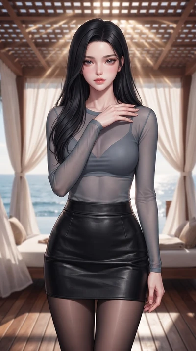 score_9, masterpiece, best quality, ultra-detailed, high-budget anime keyframe, editorial fashion photography, tasteful artistic composition, Korean woman. close-up cowboy shot from the waist and thighs up, the character dominates the composition, fi