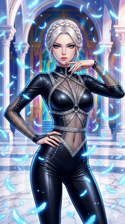 score_9, masterpiece, best quality, ultra-detailed, Set C: High-budget Anime Keyframe, Korean woman. Upper body close-up from the thighs up, character filling the screen for maximum presence. Standing in a rain of blue feathers in a white marble cour