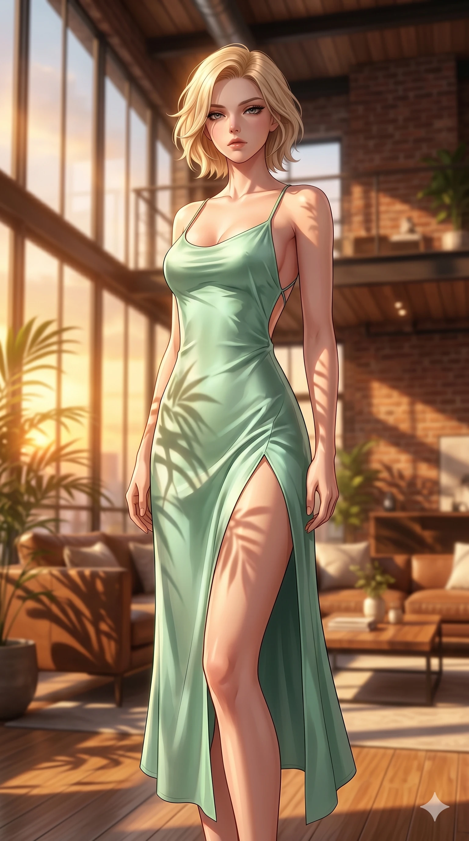 score_9, masterpiece, best quality, ultra-detailed, high-budget anime keyframe, editorial fashion photography, tasteful artistic composition, Caucasian woman, strictly human ears. cowboy shot from the thighs up, character and outfit filling the frame for maximum editorial presence. looking down at the viewer with a haughty, composed and cool expression, her shoulders relaxed inside an airy loft living room with floor-to-ceiling glass walls letting in warm golden hour light (Code-P097). She has an absolutely perfect 8-heads proportion, an exceptionally tall and slender female figure with impossibly long slender legs and an ultra-slim waist. V-shaped jawline, high-bridge nose, intricate jewel-like eyes with depth, thick eyelashes, glossy lips with a natural sheen. wearing a mint green silk slip dress with an open-back design and a high front slit. bathed in warm, golden afternoon sunbeams casting soft organic shadows of leaves on her skin. 2k, ultra detail, master piece, 9:16 ratio