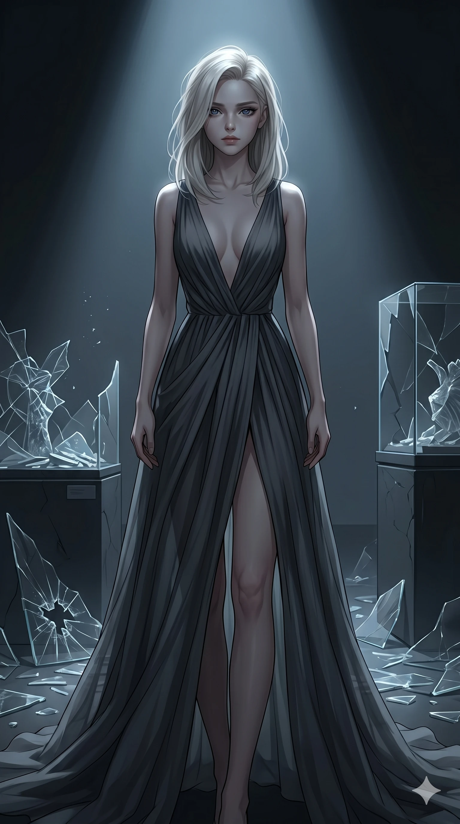 score_9, masterpiece, best quality, ultra-detailed, high-budget anime keyframe, editorial fashion photography, tasteful artistic composition, Caucasian woman, strictly human ears. cowboy shot from the thighs up, character and outfit filling the frame for maximum editorial presence. staring directly into the lens with a hollow, heartbroken look, her face pale and devoid of hope inside a silent museum gallery filled with shattered glass sculpture fragments (Scenario Code S-20). She has an absolutely perfect 8-heads proportion, an exceptionally tall and slender female figure with impossibly long slender legs and an ultra-slim waist. V-shaped jawline, high-bridge nose, intricate jewel-like eyes with depth, thick eyelashes, glossy lips with a natural sheen. wearing a lightweight draped chiffon gown with a plunging V-neckline and a high front slit. lit by a single weak spotlight from above, leaving her body mostly in deep shadows. 2k, ultra detail, master piece, 9:16 ratio