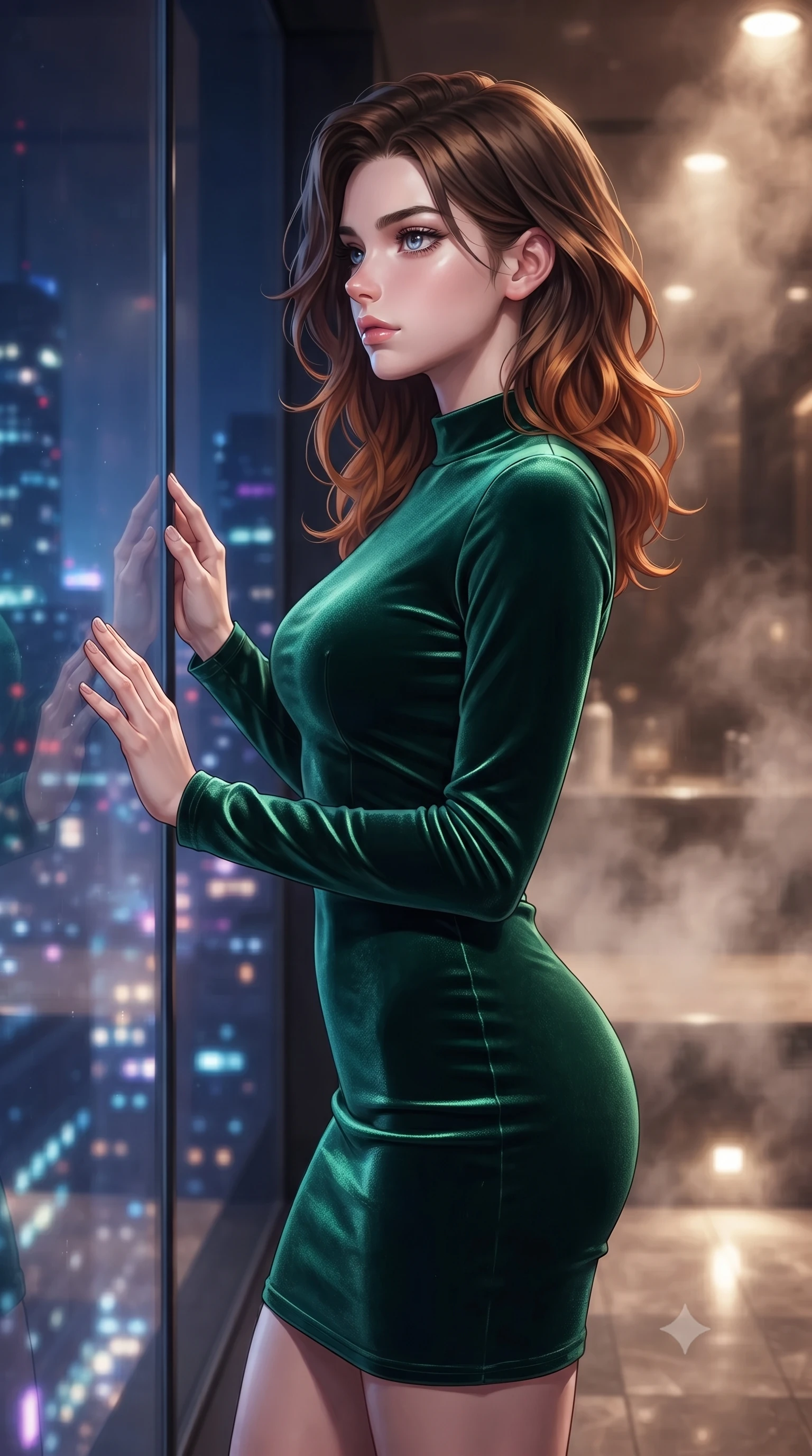 score_9, masterpiece, best quality, ultra-detailed, high-budget anime keyframe, editorial fashion photography, tasteful artistic composition, Korean woman woman. close-up cowboy shot from the waist and thighs up, the character dominates the composition, filling the frame with her large presence, background elements kept in soft focus. turning her face in sharp profile, casting a cold, mysterious, yet intensely alluring side gaze, the background shows a soft-focus a high-rise private steam room with glass walls overlooking the city lights at night. She has an exceptionally elegant, slender, and willowy female figure with an ultra-slim waist, a gracefully sculpted slender torso, and a refined silhouette. sharp v-shaped jawline, high-bridge nose, intricate jewel-like eyes with depth, thick eyelashes, glossy lips with a natural sheen. wearing a tailored body-hugging emerald green velvet dress with a simple mock-neck collar. glittering blue and violet city skyline lights contrasting with warm steam glow. ultra-reflective glossy finish, specular highlights, metallic sheen, high-contrast stereoscopic depth, volumetric dynamic lighting, 2k, ultra detail, master piece, 9:16 ratio