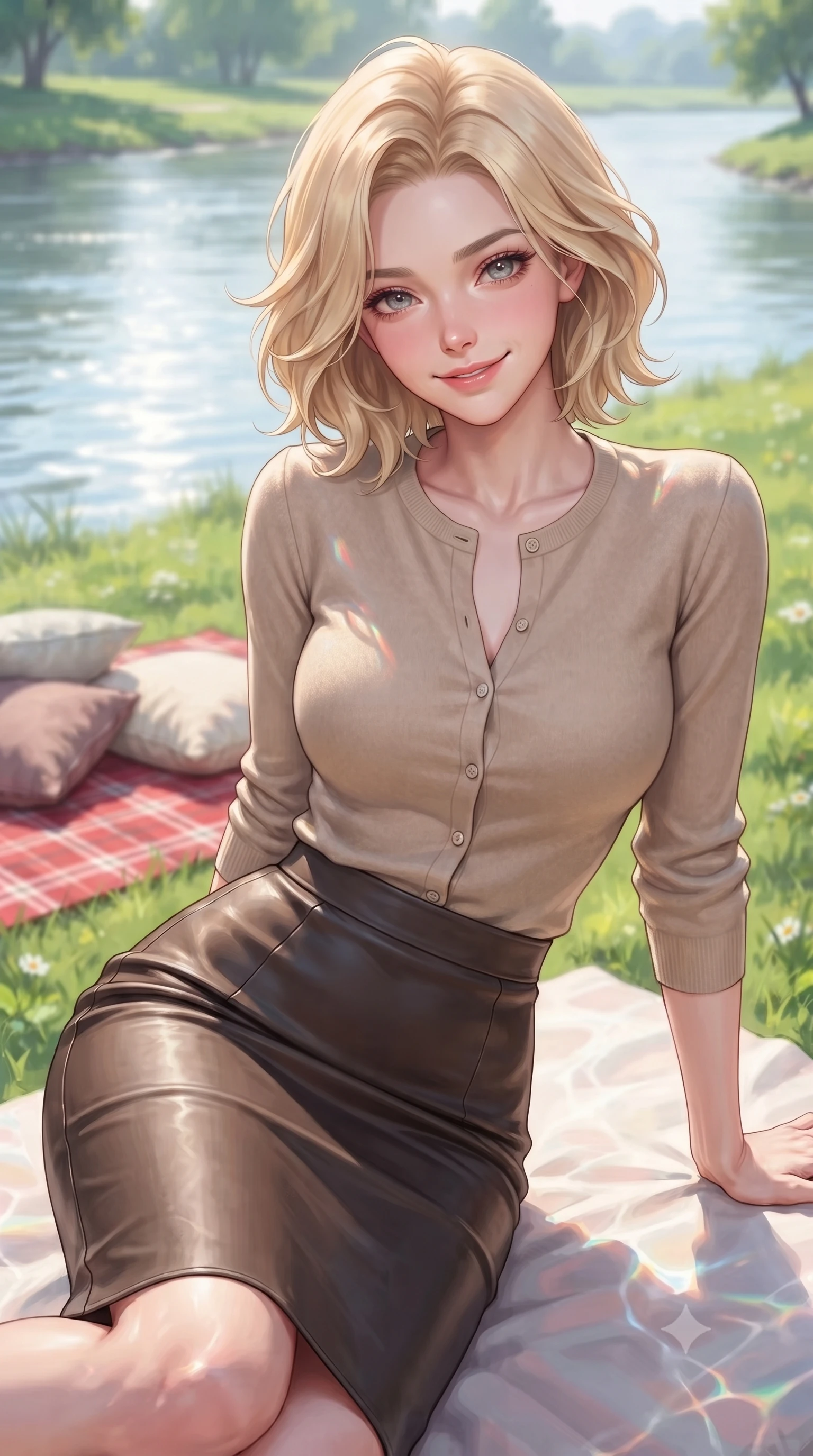 score_9, masterpiece, best quality, ultra-detailed, high-budget anime keyframe, editorial fashion photography, tasteful artistic composition, Caucasian woman. close-up cowboy shot from the waist and thighs up, the character dominates the composition, filling the frame with her large presence, background elements kept in soft focus. smiling warmly with a soft, affectionate expression, making cute eye contact set against a soft-focus background of on a grassy riverside park lawn next to a wide, calm river with a red checkered picnic blanket and pillows arranged on the grass. She has an exceptionally elegant, slender, and willowy female figure with an ultra-slim waist, a gracefully sculpted slender torso, and a refined silhouette. sharp v-shaped jawline, high-bridge nose, intricate jewel-like eyes with depth, thick eyelashes, glossy lips with a natural sheen. wearing tailored tight-fitting cashmere cardigan closed, paired with a sleek leather midi skirt. bright daylight reflecting off the water, casting shifting ripples on her skin. highly saturated vibrant anime colors, detailed shading with soft gradients, rich glossy textures, high-contrast stereoscopic depth, volumetric dynamic lighting, master piece, 9:16 ratio