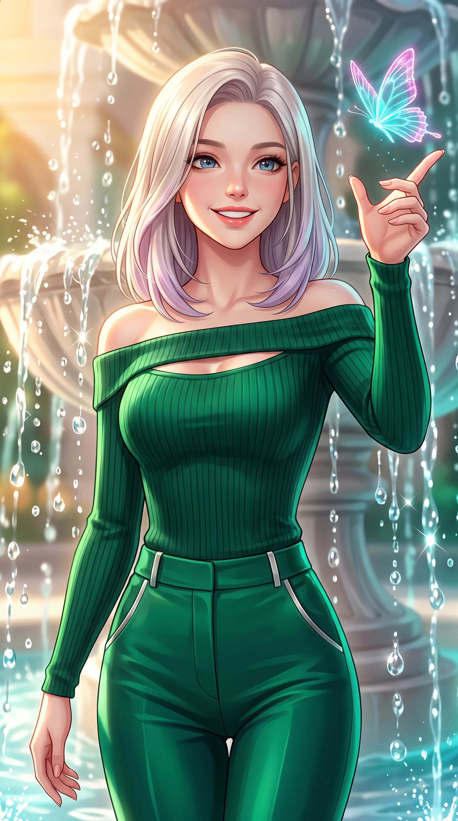 score_9, masterpiece, best quality, ultra-detailed, high-budget anime keyframe, editorial fashion photography, tasteful artistic composition, Caucasian woman. close-up cowboy shot from the waist and thighs up, the character dominates the composition, filling the frame with her large presence, background elements kept in soft focus. Enchanting happy smile, her eyes twinkling like jewels in the bright sunlight as one arm reaches out playfully while reaching one hand out with a joyful smile to intercept a hovering hologram butterfly, translucent water droplets cascading down platinum fountains with sparkling luster. She has an exceptionally elegant, slender, and willowy female figure with an ultra-slim waist, a gracefully sculpted slender torso, and a refined silhouette. sharp v-shaped jawline, high-bridge nose, intricate jewel-like eyes with depth, thick eyelashes, glossy lips with a natural sheen, flawlessly proportioned anatomical accuracy, natural body alignment, perfectly sculpted elegant limbs, clean dynamic posture without body distortion. wearing a sleek off-shoulder ribbed knit top paired with high-waist tailored pants in deep emerald green and silver accent, crafted from smooth liquid silk, accented with a Tasteful chest slit framing her clavicle gracefully, the elegant draped fit framing her graceful clavicle and slender torso. bathed in warm golden sunlight and bright emerald bioluminescent glow. highly saturated vibrant anime colors, detailed shading with soft gradients, rich glossy textures, high-contrast stereoscopic depth, volumetric dynamic lighting, master piece, 9:16 ratio