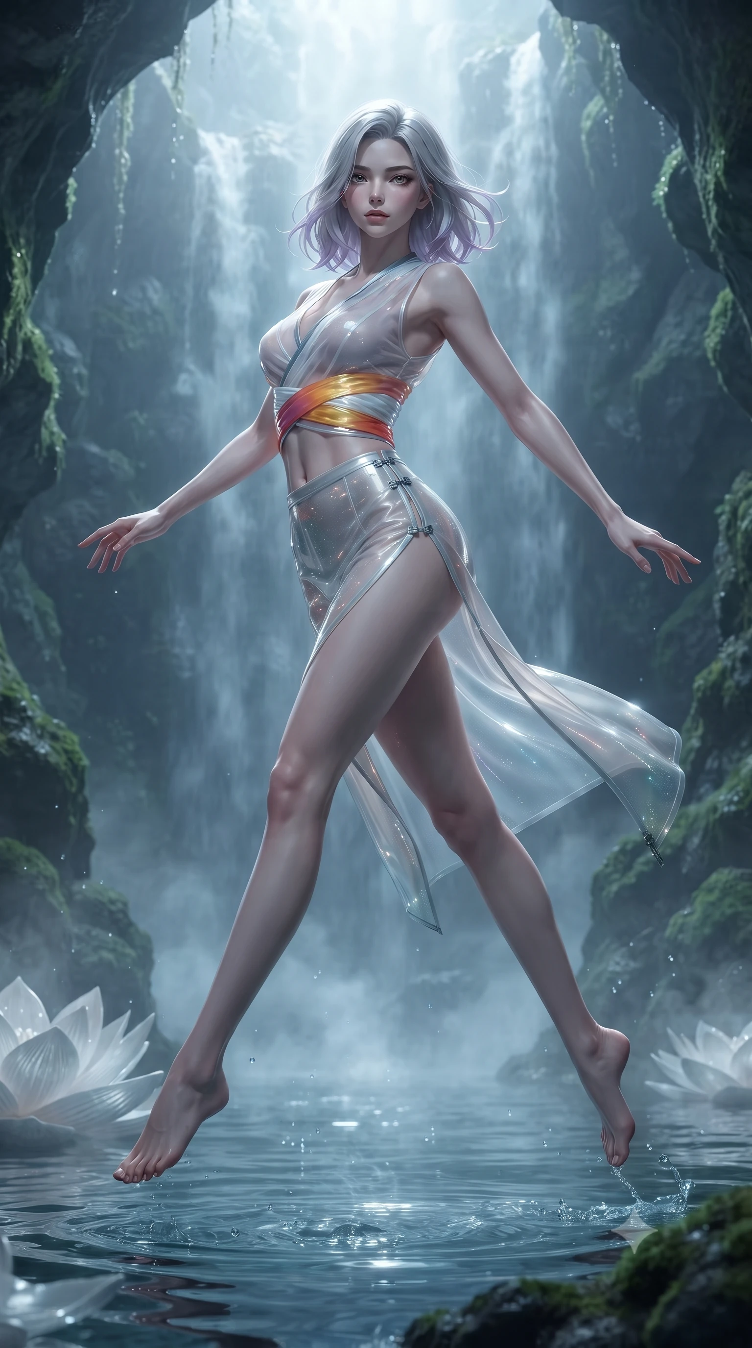 score_9, masterpiece, best quality, ultra-detailed, high-budget anime keyframe, editorial fashion photography, tasteful artistic composition, Caucasian woman. low angle full-body shot from head to toe showing her feet, filling the entire 9:16 vertical frame with her statuesque presence, stretching her vertical silhouette. leaping through mid-air with an athletic yet alluring arch of her spine, her impossibly long slender legs stretched in flawless poise while arching her spine in a fluid motion as silver moonlight penetrates the mist of a sacred cavern waterfall. The surrounding environment is rendered in vivid detail and crisp panoramic clarity. intricate pearl lotus petal textures, crystal-clear water pool ripples, and mossy grotto walls in deep focus. She has an absolutely perfect, statuesque 8.5-heads proportion, an exceptionally tall and slender model-like female figure with impossibly long slender legs, a toned flat midriff, and an ultra-slim waist. sharp v-shaped jawline, high-bridge nose, intricate jewel-like eyes with depth, thick eyelashes, glossy lips with a natural sheen, flawlessly proportioned anatomical accuracy, strict slender model proportions, natural body alignment, perfectly sculpted long slender limbs, ultra-slim waistline, clean dynamic posture without body distortion. wearing a shortened cyber-fusion wrap top with transparent chiffon panels, a deep crossover neckline, and a high-waisted metallic sash that accentuates her ultra-slim waist in vivid sunset amber orange and cloud white, tailored from semi-translucent cybernetic vinyl with glowing micro-filaments, finished with an ultra-high side slit secured by miniature magnetic clasps, the liquid-tight tailored fabric emphasizing every curve of her tall, slender model proportions and sculptured silhouette during dynamic movement. surrounded by a sacred, pristine, and intensely seductive moon-sanctuary atmosphere. ultra-reflective glossy finish, specular highlights, metallic sheen, high-contrast stereoscopic depth, volumetric dynamic lighting, 2k, ultra detail, master piece, 9:16 ratio
