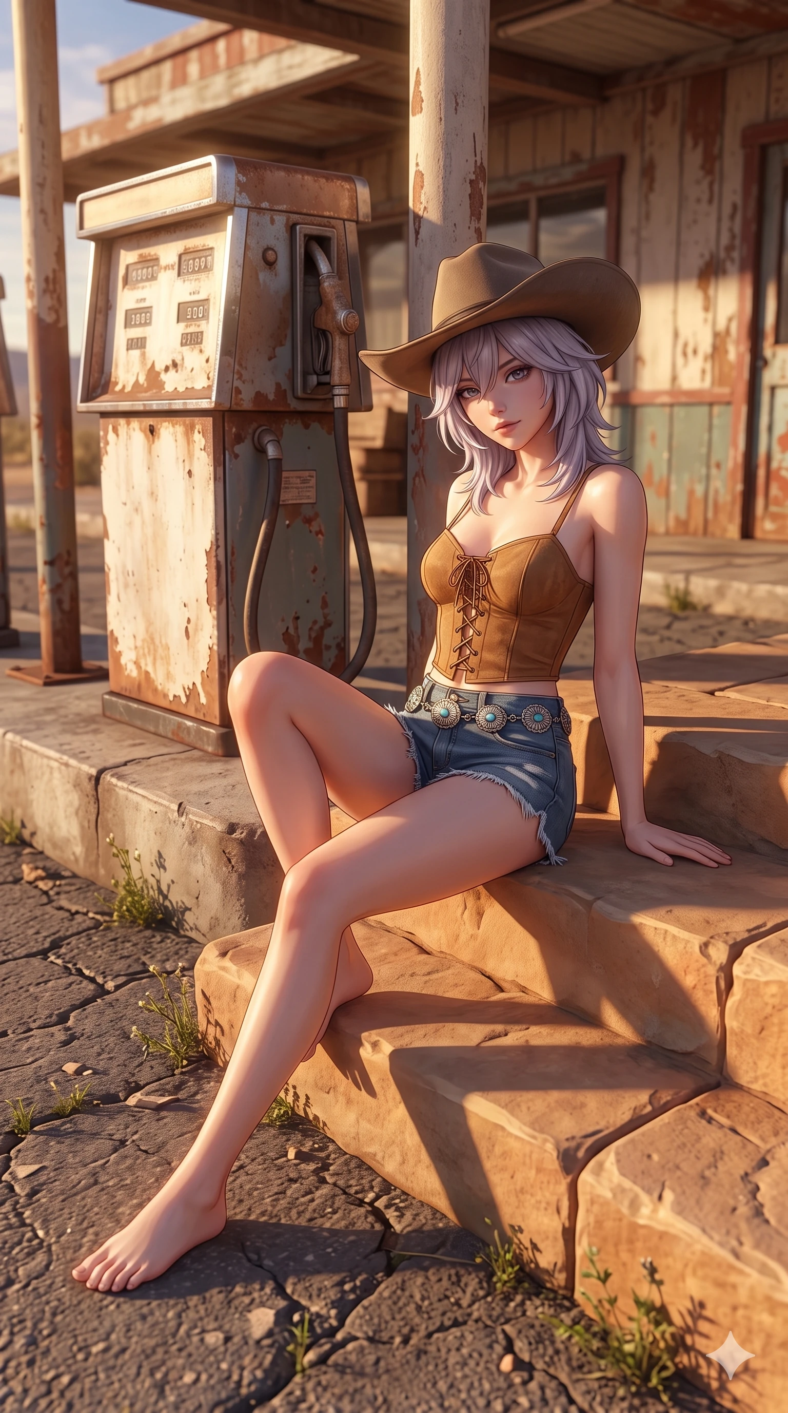 score_9, masterpiece, best quality, ultra-detailed, high-budget anime keyframe, semi-realistic 3D game render, editorial fashion photography, tasteful artistic composition, Japanese woman. low angle full-body shot from head to toe showing her feet, filling the entire 9:16 vertical frame with her statuesque presence, stretching her vertical silhouette. sitting poised on the warm sandstone steps with one knee bent, arching her spine with supermodel elegance as she glances upward through thick eyelashes while twisting her slender torso in an alluring contrapposto stance beside the pump island, golden sunset dust motes dancing across her flat midriff and curvy hips. The surrounding environment is rendered in vivid detail and crisp panoramic clarity: sharp weathered chrome pump dials with peeling enamel, cracked asphalt expansion seams, and peeling paint texture on canopy pillars in deep focus. She has an absolutely perfect, statuesque 8.5-heads proportion, an exceptionally tall and slender model-like female figure with impossibly long slender legs, an ultra-slim waist, a flat toned midriff, narrow delicate ribcage, and beautifully sculpted feminine hips creating a graceful, slim hourglass silhouette without any bulky heaviness. sharp v-shaped jawline, high-bridge nose, sparkling eyes with hypnotic seductive depth, thick curled eyelashes, glossy parted lips with a natural dewy peach sheen, alluring bedroom-eyes with an enchanting coquettish smile, exuding magnetic siren charisma and sophisticated glamour, flawlessly proportioned anatomical accuracy, strict slender model proportions, natural body alignment, perfectly sculpted long slender limbs, ultra-slim waistline, clean dynamic posture without body distortion. wearing a plunging lace-up suede bustier top paired with ultra-short frayed denim cutoffs and a silver concho waist chain in turquoise patina and burnished vintage brass, made of fluid liquid jersey with seamless sculpting hold and smooth contours, finished with a wide-brimmed felt cowboy hat tipped back to frame her face and long glossy hair, the bespoke structured tailoring following the natural line of her 8.5-heads silhouette with refined elegance. bathed in low-angled golden-hour sunlight streaming horizontally beneath the canopy with long dramatic shadows and warm lens flares. highly saturated vibrant anime colors, detailed shading with soft gradients, rich glossy textures, high-contrast stereoscopic depth, volumetric dynamic lighting, master piece, 9:16 ratio
