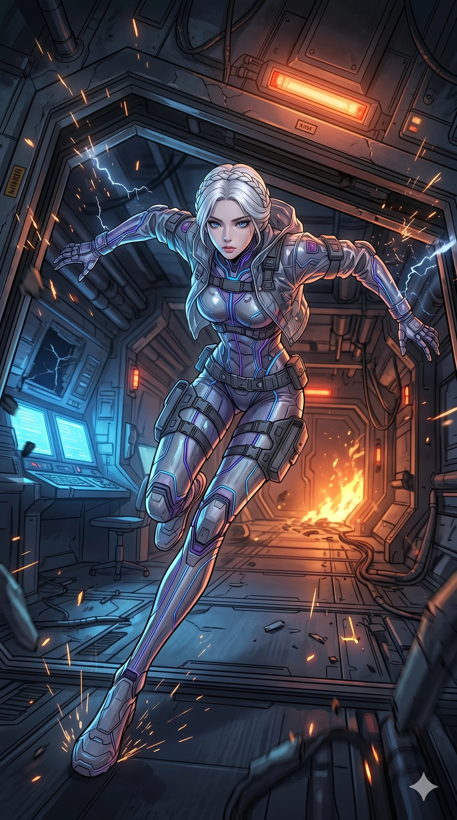 score_9, masterpiece, best quality, ultra-detailed, high-budget anime movie keyframe, cinematic anime lighting, intricate line art, Korean woman. Extreme high angle shot as she leaps towards the camera, filling the frame. sliding underneath a closing blast door in a crumbling space station. She has an absolutely perfect 8-heads proportion, an exceptionally tall and slender female figure with an ultra-slim waist and impossibly long slender legs. strictly human anatomy, two legs only, no extra limbs, clearly defined legs and arms, perfect anatomy, perfect hands and fingers. sharp v-shaped jawline, high-bridge nose, intricate jewel-like eyes, thick eyelashes, glossy lips. Wearing Tech-Fantasy: Cybernetic tech-suit with glowing seams, translucent PVC over leotard, and modular tactical gear. The scene is illuminated by dramatic atmospheric lighting and vibrant color palettes. , 2k, ultra detail, master piece, 9:16 ratio