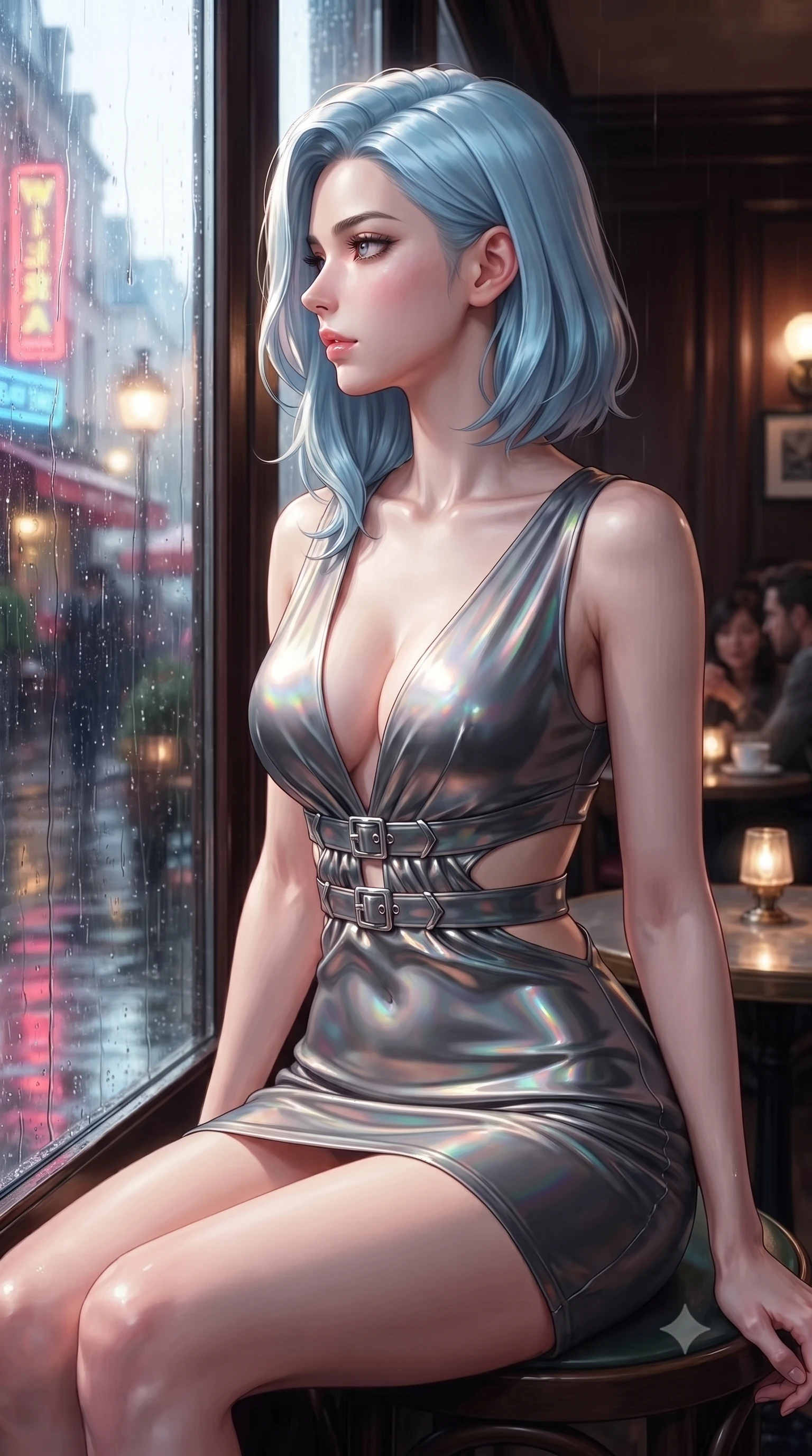 score_9, masterpiece, best quality, ultra-detailed, high-budget anime keyframe, editorial fashion photography, tasteful artistic composition, Korean woman. close-up cowboy shot from the waist and thighs up, the character dominates the composition, filling the frame with her large presence, background elements kept in soft focus. Turning her face in sharp dramatic profile against the bright light, showcasing her sharp v-shaped jawline sitting by the wet glass window of a trendy European café during a gentle rainfall, wet asphalt surfaces casting glossy specular highlights from surrounding signs. She has an exceptionally elegant, slender, and willowy female figure with an ultra-slim waist, a gracefully sculpted slender torso, and a refined silhouette. sharp v-shaped jawline, high-bridge nose, intricate jewel-like eyes with depth, thick eyelashes, glossy lips with a natural sheen. wearing a liquid mercury gloss mini dress with ultra-deep V-neck and waist cutouts in charcoal grey and platinum, crafted from iridescent chiffon that shifts colors in the light, detailed with polished silver buckles along the waistline, the form-contouring material highlighting her ultra-slim waist and long lines. drenched in wet neon reflections with brilliant specular highlights on her silhouette. highly saturated vibrant anime colors, detailed shading with soft gradients, rich glossy textures, high-contrast stereoscopic depth, volumetric dynamic lighting, master piece, 9:16 ratio