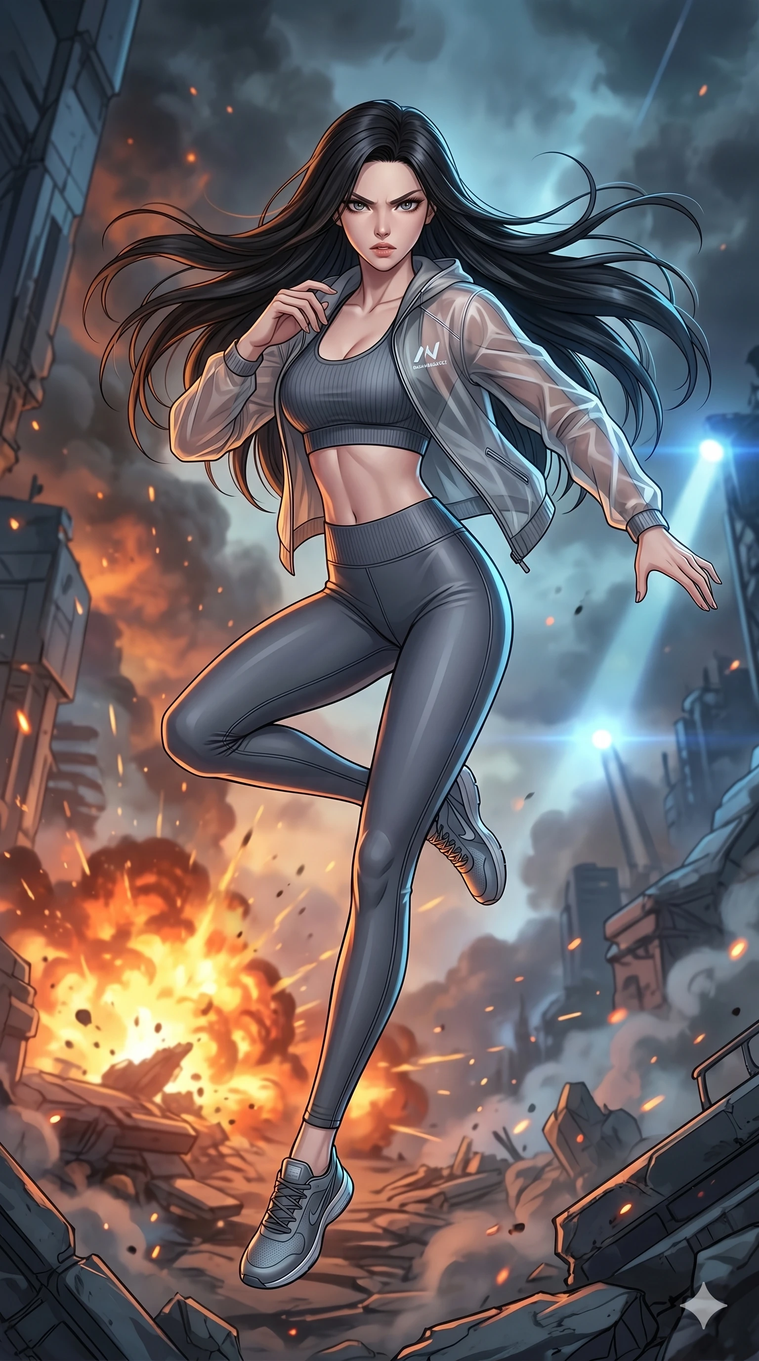 score_9, masterpiece, best quality, ultra-detailed, high-budget anime movie keyframe, cinematic anime lighting, intricate line art, Japanese anime girl. Mid-air action shot capturing a graceful twist and vertical silhouette. reeling back from an explosion with a look of fierce determination. She has an absolutely perfect 8-heads proportion, an exceptionally tall and slender female figure with an ultra-slim waist and impossibly long slender legs. strictly human anatomy, two legs only, no extra limbs, clearly defined legs and arms, perfect anatomy, perfect hands and fingers. sharp v-shaped jawline, high-bridge nose, intricate jewel-like eyes, thick eyelashes, glossy lips. Wearing Premium Athleisure: Ribbed sports bra and leggings set, sheer windbreaker, and sleek high-performance activewear. The scene is illuminated by dramatic atmospheric lighting and vibrant color palettes. , 2k, ultra detail, master piece, 9:16 ratio