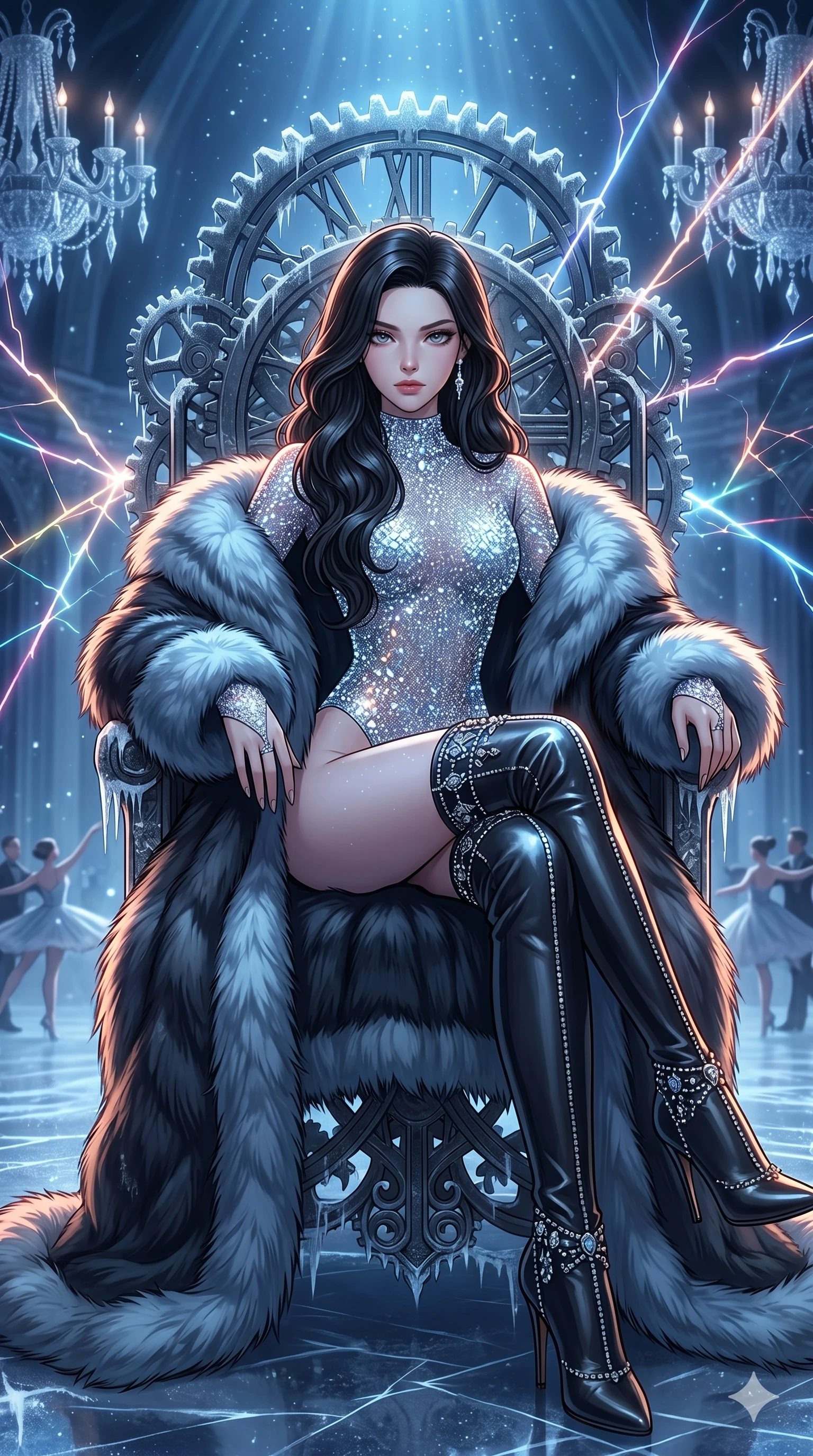 score_9, masterpiece, best quality, ultra-detailed, high-budget anime movie keyframe, cinematic anime lighting, intricate line art, Japanese woman. Upper body filling screen focusing on her alluring features and slim-fit silhouette. resting on a throne of gears in a frozen starlight ballroom with lightning lasers. She has an absolutely perfect 8-heads proportion, an exceptionally tall and slender female figure with an ultra-slim waist and impossibly long slender legs. sharp v-shaped jawline, high-bridge nose, intricate jewel-like eyes, thick eyelashes, glossy lips. Wearing seasonal winter-couture featuring a plush oversized faux-fur coat worn over a skin-tight crystalline leotard and thigh-high stiletto boots. The scene is illuminated by dramatic atmospheric lighting and vibrant color palettes. , 2k, ultra detail, master piece, 9:16 ratio
