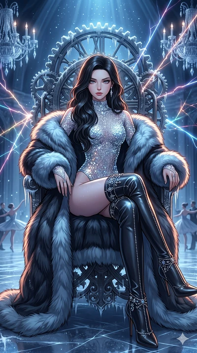 score_9, masterpiece, best quality, ultra-detailed, high-budget anime movie keyframe, cinematic anime lighting, intricate line art, Japanese woman. Upper body filling screen focusing on her alluring features and slim-fit silhouette. resting on a thro