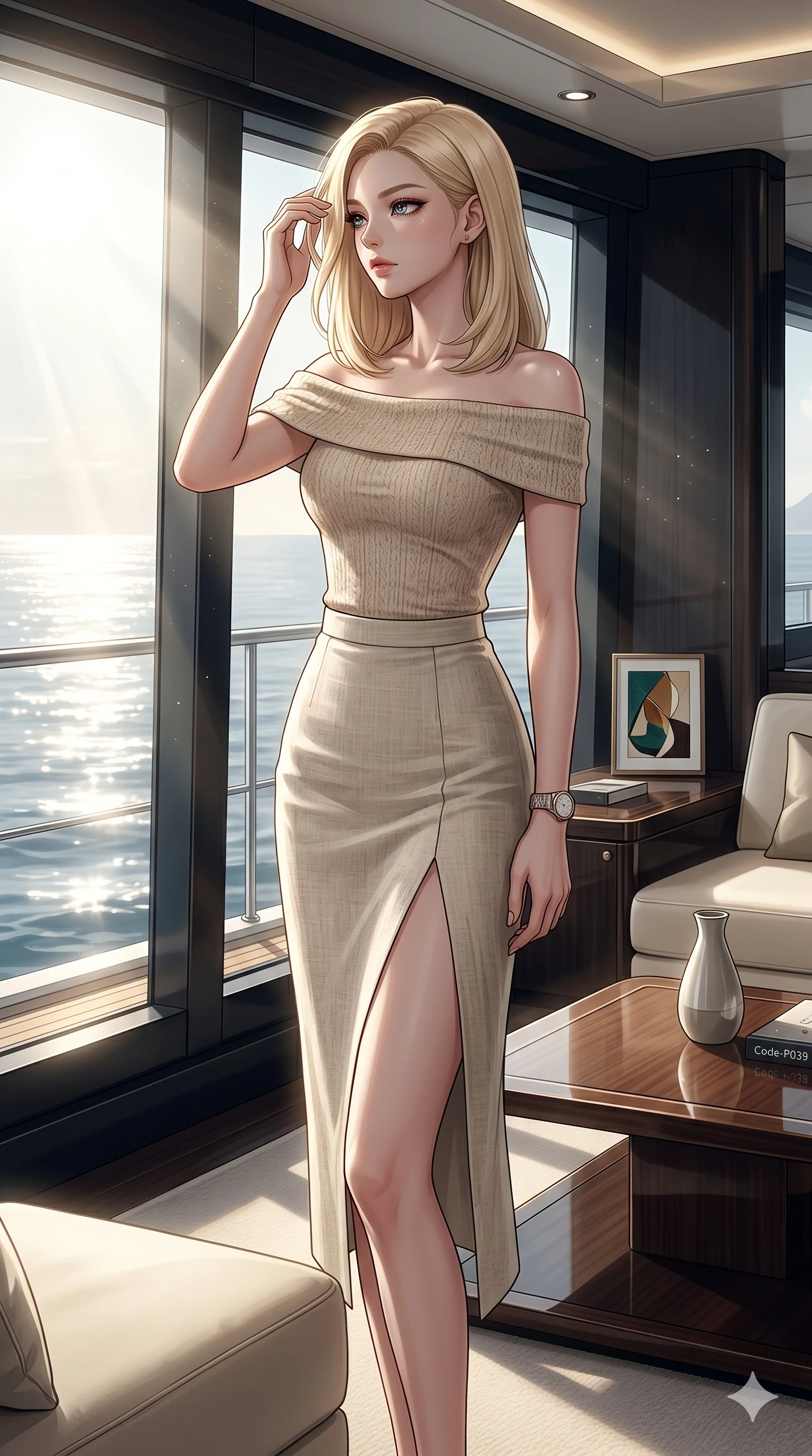 score_9, masterpiece, best quality, ultra-detailed, high-budget anime keyframe, editorial fashion photography, tasteful artistic composition, Korean woman. cowboy shot from the thighs up, character and outfit filling the frame for maximum editorial presence. wiping a lock of hair from her forehead, her expression cool and contemplative as she turns her head inside a private yacht cabin lounge with a large window showing the sunbeams reflecting off the ocean (Code-P039). She has an absolutely perfect 8-heads proportion, an exceptionally tall and slender female figure with impossibly long slender legs and an ultra-slim waist. V-shaped jawline, high-bridge nose, intricate jewel-like eyes with depth, thick eyelashes, glossy lips with a natural sheen. wearing a beige off-shoulder top showing her elegant clavicle lines, and a split linen skirt. bathed in soft morning sunbeams flowing into the room, creating a bright, glowing atmosphere. 2k, ultra detail, master piece, 9:16 ratio
