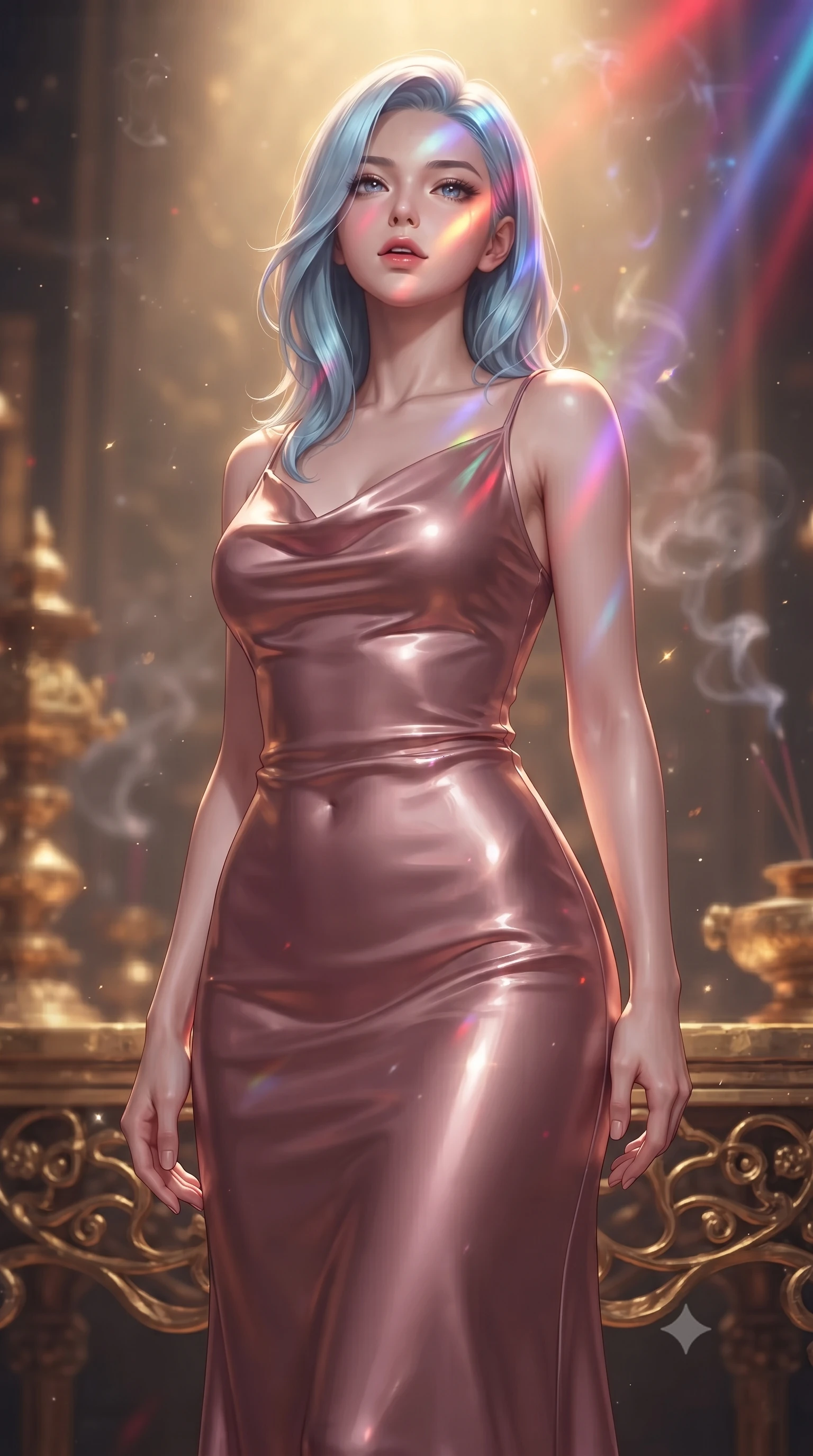 score_9, masterpiece, best quality, ultra-detailed, high-budget anime keyframe, editorial fashion photography, tasteful artistic composition, Korean woman. close-up cowboy shot from the waist and thighs up, the character dominates the composition, filling the frame with her large presence, background elements kept in soft focus. Tilting her chin up slightly with lips parted in a magnetic, composed expression poised on a golden filigree altar surrounded by glowing incense vapors, floating glass dust and incense smoke scattering colorful light beams. She has an exceptionally elegant, slender, and willowy female figure with an ultra-slim waist, a gracefully sculpted slender torso, and a refined silhouette. sharp v-shaped jawline, high-bridge nose, intricate jewel-like eyes with depth, thick eyelashes, glossy lips with a natural sheen. wearing an elegant cowl-neck satin midi dress in dusty rose with a graceful draped neckline, the glove-like fit emphasizing her statuesque silhouette. illuminated by a warm golden key light and brilliant multi-color rim light. ultra-reflective glossy finish, specular highlights, metallic sheen, high-contrast stereoscopic depth, volumetric dynamic lighting, 2k, ultra detail, master piece, 9:16 ratio