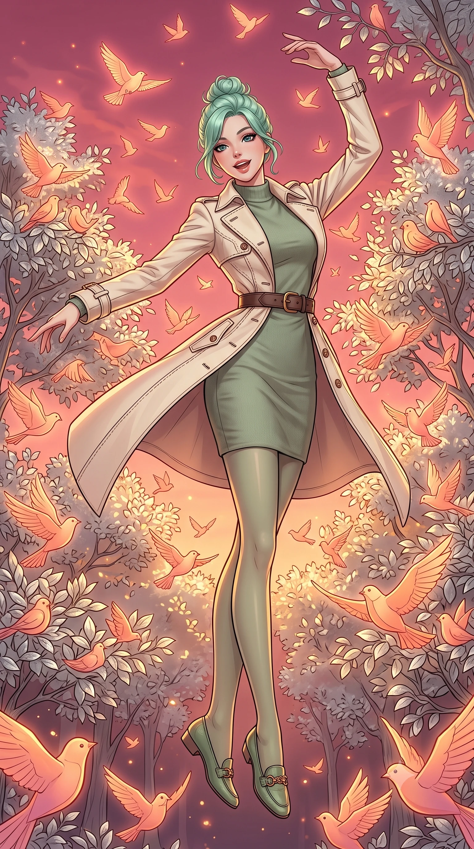 score_9, masterpiece, best quality, ultra-detailed, high-budget anime keyframe, editorial fashion photography, tasteful artistic composition, Japanese woman. low angle full-body shot from head to toe showing her feet, filling the entire 9:16 vertical frame with her statuesque presence, stretching her vertical silhouette. pirouetting mid-air with a playful grin inside in a forest clearing filled with silver-leaf trees where thousands of glowing paper birds nest and take flight into a pink evening sky. She has a statuesque 8.5-heads proportion, an exceptionally tall, slender and willowy model-like build with impossibly long legs and a highly sculpted ultra-slim waist. sharp v-shaped jawline, high-bridge nose, intricate jewel-like eyes with depth, thick eyelashes, glossy lips with a natural sheen. wearing a tailored slim-fit cream trench coat layered over a form-fitting sage green mock-neck cashmere dress, cinched with a dark leather belt. warm orange and pink glow from the paper birds illuminating the silver leaves and casting a warm cozy light. 2k, ultra detail, master piece, 9:16 ratio