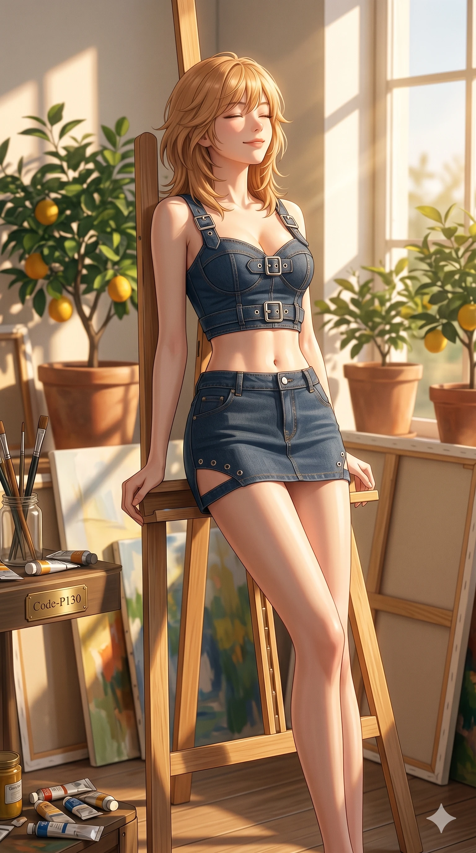 score_9, masterpiece, best quality, ultra-detailed, high-budget anime keyframe, editorial fashion photography, tasteful artistic composition, Korean woman. cowboy shot from the thighs up, character and outfit filling the frame for maximum editorial presence. leaning back gracefully with a serene, relaxed smile, letting the warm sun wash over her face in a quiet sun-washed art atelier filled with canvases and potted citrus plants (Code-P130). She has an absolutely perfect 8-heads proportion, an exceptionally tall and slender female figure with impossibly long slender legs and an ultra-slim waist. V-shaped jawline, high-bridge nose, intricate jewel-like eyes with depth, thick eyelashes, glossy lips with a natural sheen. wearing a structured crop bustier with chrome hardware and a matching micro-length skirt with side cuts. bathed in warm afternoon sunbeams casting long, soft shadows and highlighting her slender waist. 2k, ultra detail, master piece, 9:16 ratio