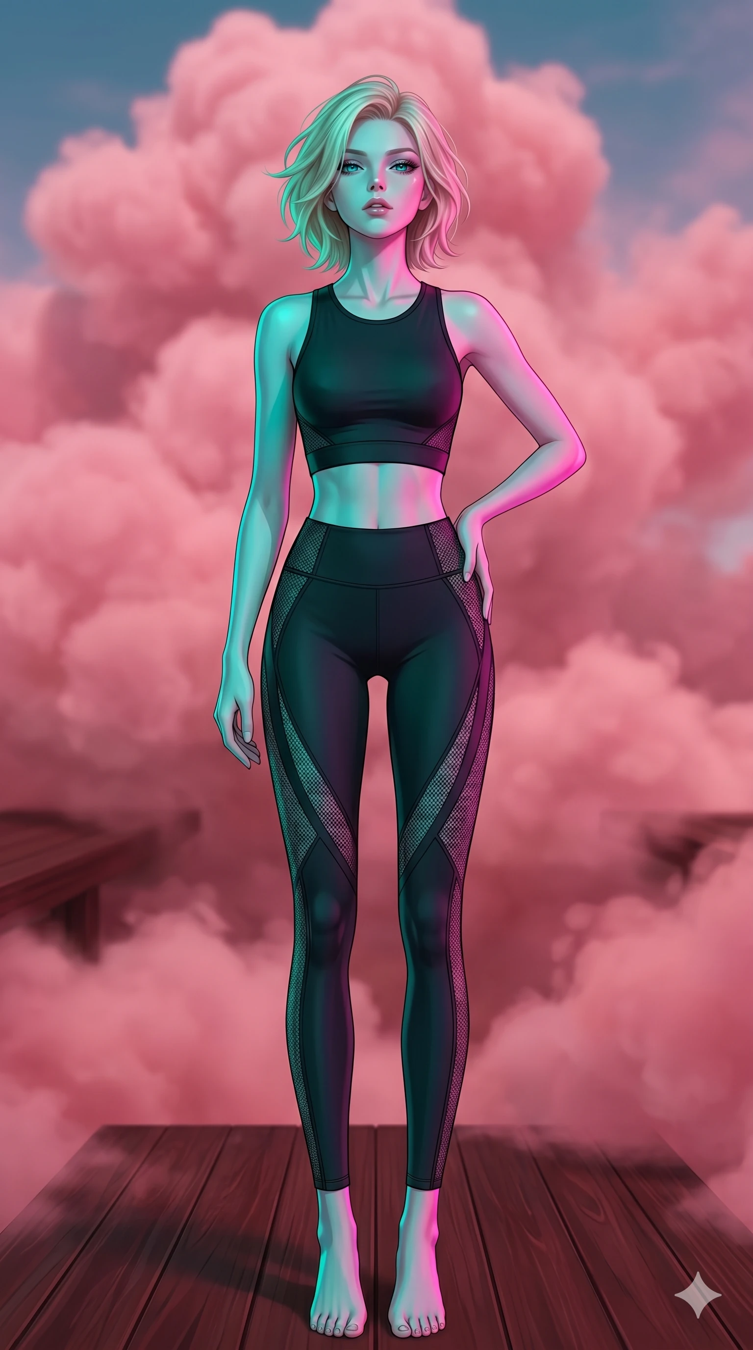score_9, masterpiece, best quality, ultra-detailed, high-budget anime keyframe, editorial fashion photography, tasteful artistic composition, Caucasian woman, strictly human ears. cowboy shot from the thighs up, character and outfit filling the frame for maximum editorial presence. Tilting her chin up slightly with lips parted in a composed expression on a floating deck of dark mahogany wood suspended inside a rose-colored cloud formation. She has an absolutely perfect 8-heads proportion, an exceptionally tall and slender female figure with impossibly long slender legs and an ultra-slim waist. V-shaped jawline, high-bridge nose, intricate jewel-like eyes with depth, thick eyelashes, glossy lips with a natural sheen. wearing a crop top and high-waist leggings in matte black performance fabric with geometric semi-opaque mesh panels tracing the outer lines of her legs and waist. under intense neon teal and magenta split-lighting creating vivid chromatic contrast on her figure. 2k, ultra detail, master piece, 9:16 ratio