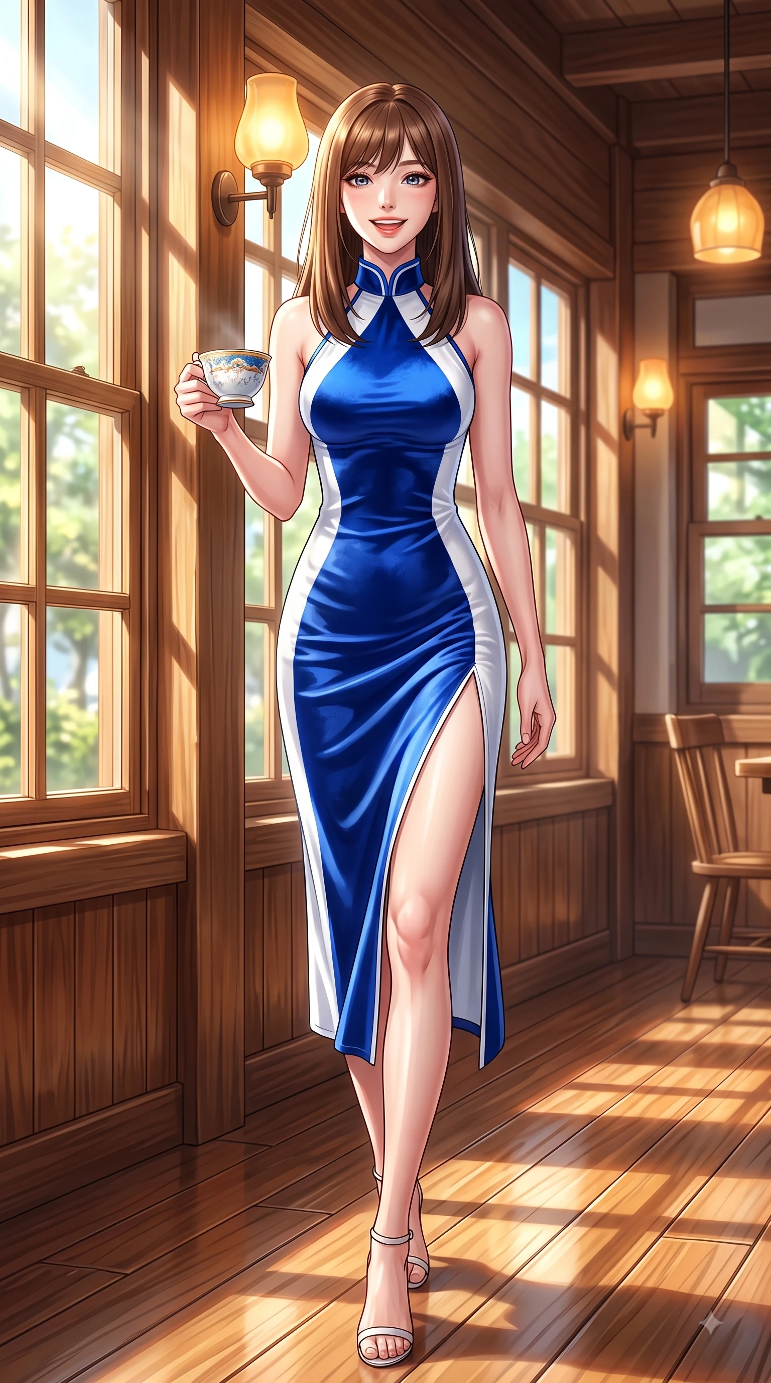 score_9, masterpiece, best quality, ultra-detailed, high-budget anime keyframe, editorial fashion photography, tasteful artistic composition, Korean woman. low angle full-body shot from head to toe showing her feet, filling the entire 9:16 vertical frame with her statuesque presence, stretching her vertical silhouette. walking forward in a proud dynamic stride with a cheerful beaming smile, her vertical silhouette filling the frame while sitting by a sunlit wooden window inside a cozy cafe, holding a porcelain coffee cup. The surrounding environment is rendered in vivid detail and crisp panoramic clarity. bright sunbeams streaming across polished wooden surfaces rendered with environmental clarity. She has an absolutely perfect, statuesque 8.5-heads proportion, an exceptionally tall and slender model-like female figure with impossibly long slender legs and an ultra-slim waist. sharp v-shaped jawline, high-bridge nose, intricate jewel-like eyes with depth, thick eyelashes, glossy lips with a natural sheen, flawlessly proportioned anatomical accuracy, natural body alignment, perfectly sculpted elegant limbs, clean dynamic posture without body distortion. wearing a velvet halter-neck midi dress fitting her statuesque contour flawlessly in vibrant cobalt blue and crisp snow white, made of lustrous stretch velvet, featuring a sleek side leg slit ascending to mid-thigh, the tailored fabric tightly following every curve of her athletic build. illuminated by soft glowing amber indoor lamps and natural garden reflections. highly saturated vibrant anime colors, detailed shading with soft gradients, rich glossy textures, high-contrast stereoscopic depth, volumetric dynamic lighting, master piece, 9:16 ratio