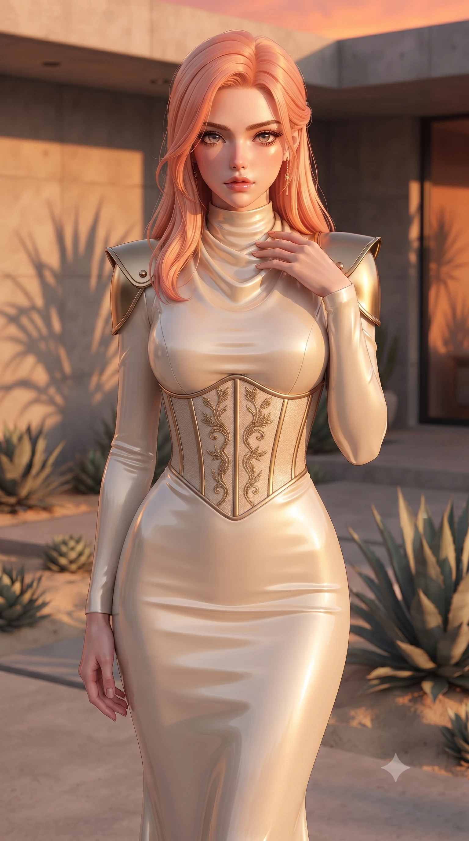 score_9, masterpiece, best quality, ultra-detailed, high-budget anime keyframe, editorial fashion photography, tasteful artistic composition, Japanese woman. close-up cowboy shot from the waist and thighs up, the character dominates the composition, filling the frame with her large presence, background elements kept in soft focus. standing with one hand resting on her collarbone, looking at the viewer with bedroom-eyes the background shows a soft-focus a modern concrete villa garden with minimalist succulents and sand landscaping at sunset. She has an exceptionally elegant, slender, and willowy female figure with an ultra-slim waist, a gracefully sculpted slender torso, and a refined silhouette. sharp v-shaped jawline, high-bridge nose, intricate jewel-like eyes with depth, thick eyelashes, glossy lips with a natural sheen. wearing a body-hugging elegant galactic senate gown in cream cashmere, featuring structured metallic gold shoulder guards and a high-neck drape. dramatic orange glow of a sunset casting long plant shadows. ultra-reflective glossy finish, specular highlights, metallic sheen, high-contrast stereoscopic depth, volumetric dynamic lighting, 2k, ultra detail, master piece, 9:16 ratio