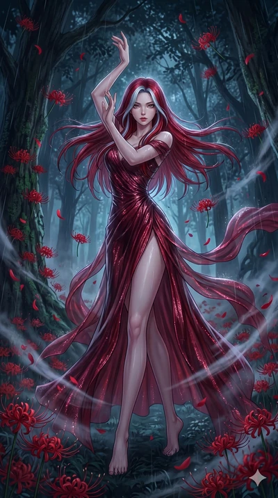 score_9, masterpiece, best quality, ultra-detailed, High-budget Anime Keyframe, East Asian woman. Low angle cowboy shot filling the entire 9:16 frame with her statuesque presence. Scenario 95: Dancing amidst falling red spider lilies in a misty dark 