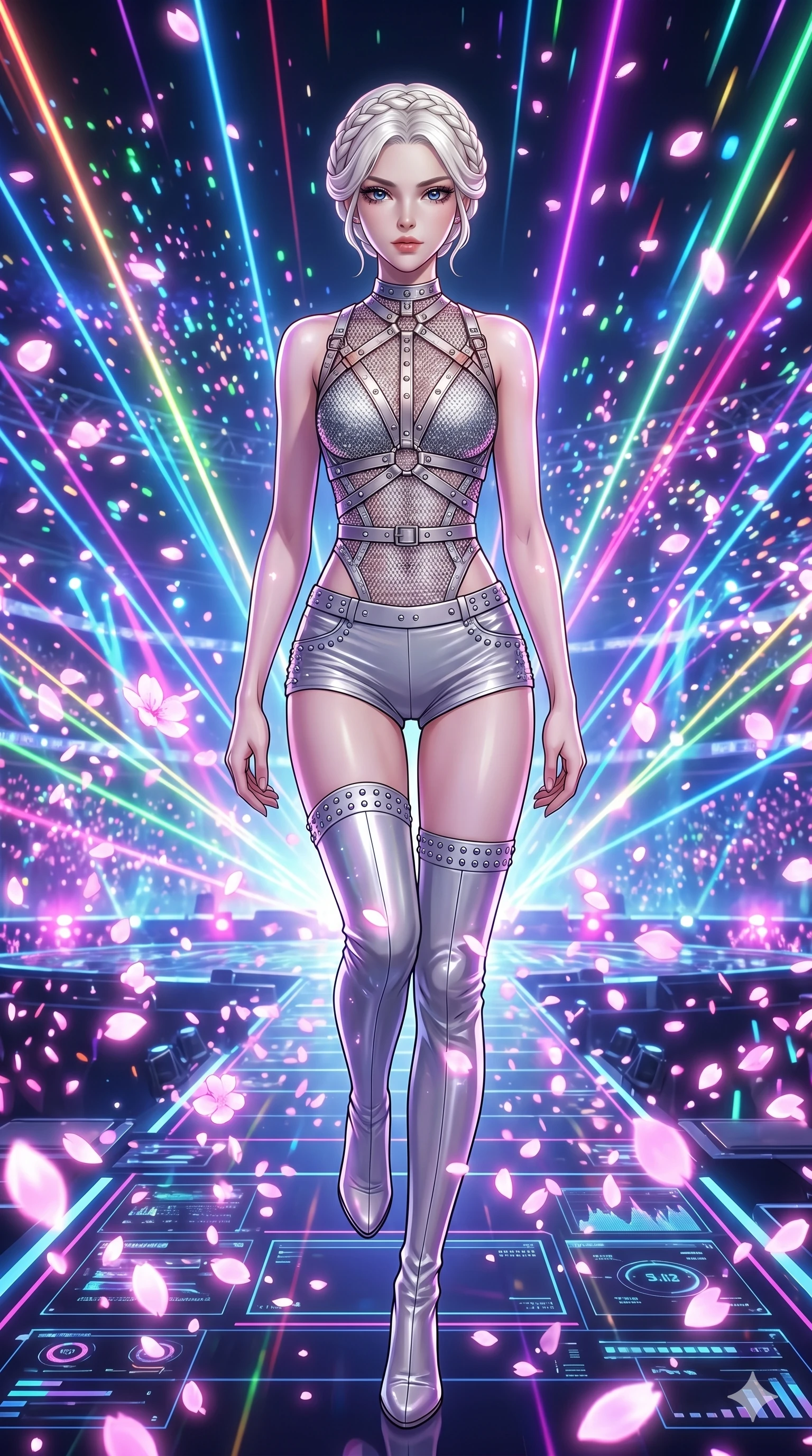 score_9, masterpiece, best quality, ultra-detailed, Set C: High-budget Anime Keyframe, Korean woman. Low angle cowboy shot filling the entire 9:16 frame with her statuesque presence. Leaping through a shower of holographic cherry blossoms on a futuristic concert stage. She has an absolutely perfect 8-heads proportion, an exceptionally tall and slender female figure with elegant long slender legs and an slender waist. Sharp v-shaped jawline, high-bridge nose, intricate jewel-like eyes with depth, thick eyelashes, glossy lips. Wearing a K-Idol Stage outfit: decorative harness over silver mesh bodysuit, sleek with studded stage shorts and over-the-knee boots. Background is a vibrant neon stadium with dynamic laser beams and colorful digital particles. 2k, ultra detail, master piece, 9:16 ratio