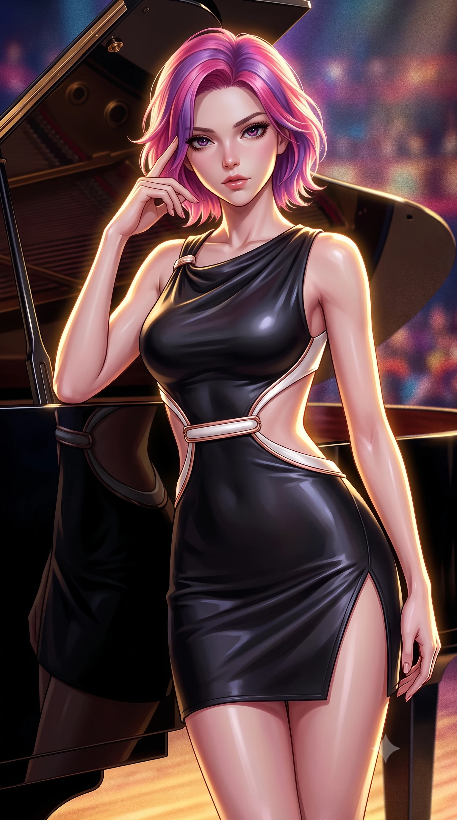 score_9, masterpiece, best quality, ultra-detailed, high-budget anime keyframe, editorial fashion photography, tasteful artistic composition, Caucasian woman. close-up cowboy shot from the waist and thighs up, the character dominates the composition, filling the frame with her large presence, background elements kept in soft focus. Pressing two fingers to her temple in a composed thoughtful gesture with an air of magnetic charisma resting against the open lid of a grand piano as golden stage light traces her form, ultra-glossy ebony piano lacquer reflecting the spotlight and her silhouette. She has an exceptionally elegant, slender, and willowy female figure with an ultra-slim waist, a gracefully sculpted slender torso, and a refined silhouette. sharp v-shaped jawline, high-bridge nose, intricate jewel-like eyes with depth, thick eyelashes, glossy lips with a natural sheen. wearing a dramatic open-waist cutout mini dress framed by sculptural hardware in pearl white and rose gold, formed from sleek second-skin neoprene, finished with a sleek side slit ascending to mid-thigh, the elegant draped fit framing her graceful clavicle and slender torso. surrounded by an elegant, high-contrast performance atmosphere. highly saturated vibrant anime colors, detailed shading with soft gradients, rich glossy textures, high-contrast stereoscopic depth, volumetric dynamic lighting, master piece, 9:16 ratio