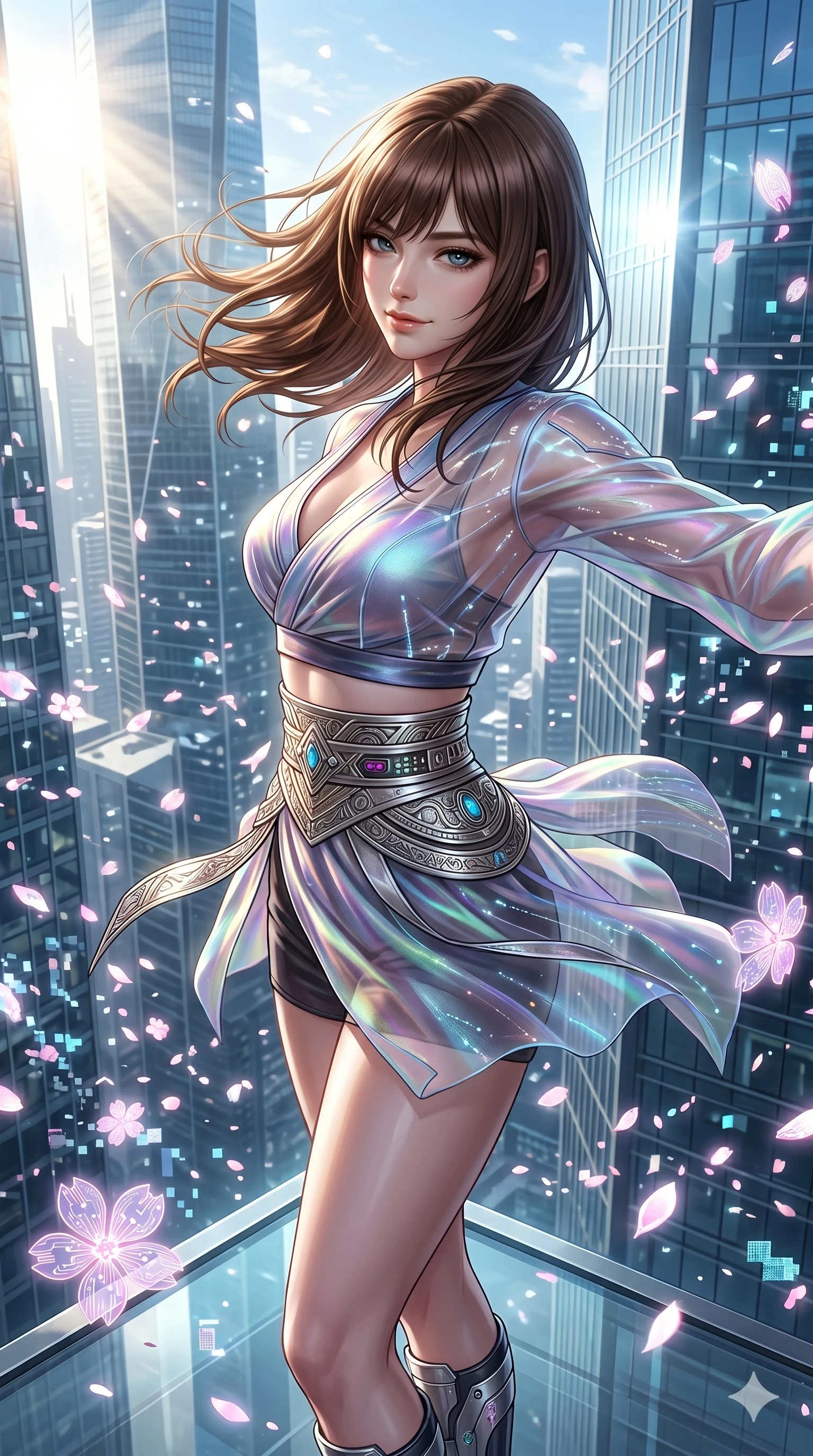 score_9, masterpiece, best quality, ultra-detailed, high-budget anime keyframe, semi-realistic 3D game render, Korean woman. Upper body close-up from the thighs up, character filling the screen for maximum presence. She is standing on the edge of a skyscraper, her hair and clothes whipping in the wind as cybernetic sakura petals blizzard around. She twists her upper body dramatically with a confident half-smile. She has an absolutely perfect 8-heads proportion, an exceptionally tall and slender female figure with impossibly long slender legs and an ultra-slim waist. V-shaped jawline, high-bridge nose, intricate jewel-like eyes with depth, thick eyelashes, glossy lips with a natural sheen. She is wearing a shortened cyber-fusion wrap top with transparent chiffon panels, a deep crossover neckline, and a high-waisted metallic sash that accentuates her ultra-slim waist. The scene is bathed in brilliant morning sunlight and sharp sun rays reflecting off distant glass skyscrapers. 2k, ultra detail, master piece, 9:16 ratio