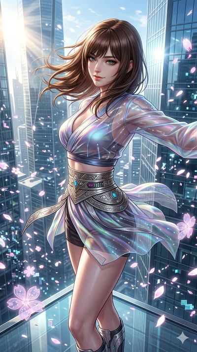 score_9, masterpiece, best quality, ultra-detailed, high-budget anime keyframe, semi-realistic 3D game render, Korean woman. Upper body close-up from the thighs up, character filling the screen for maximum presence. She is standing on the edge of a s