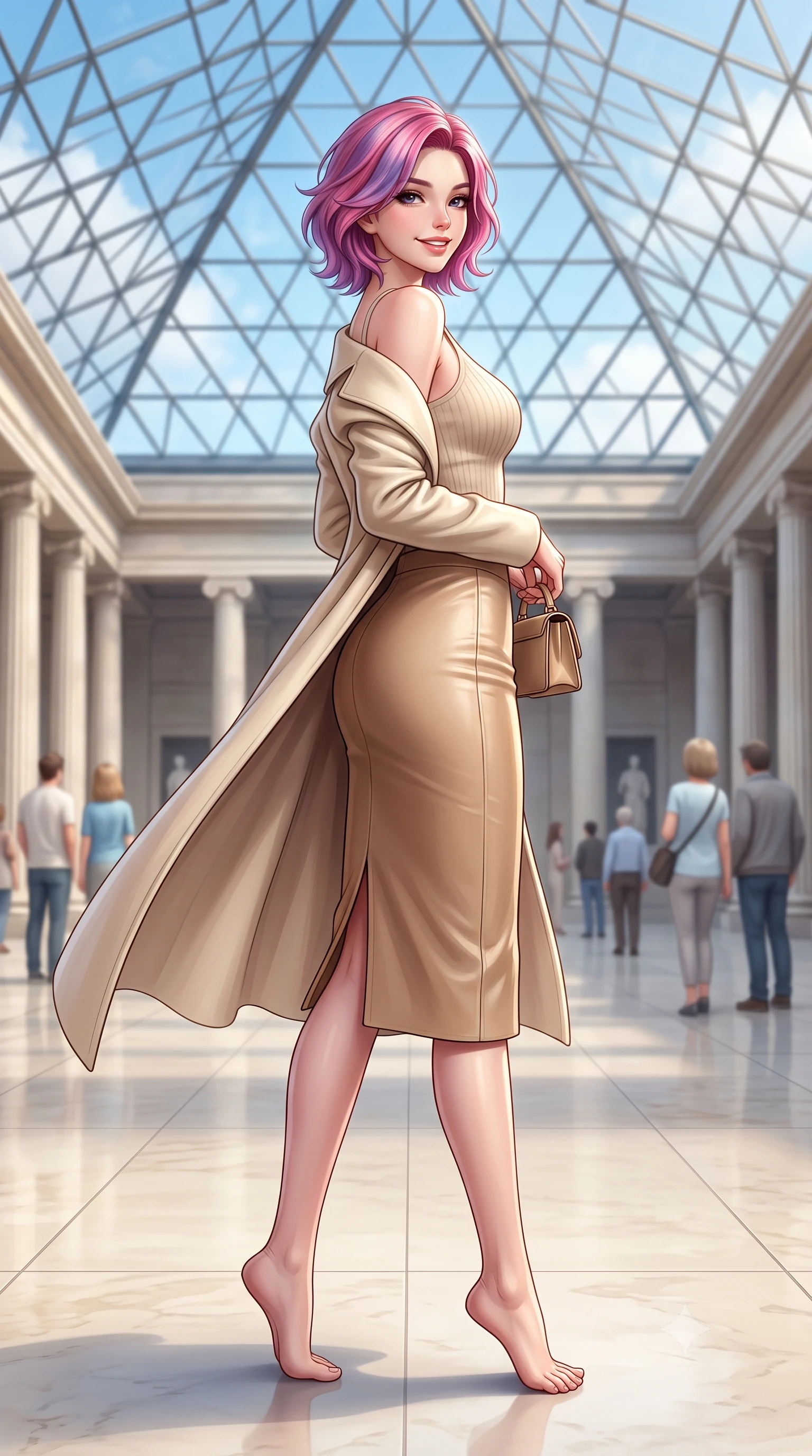 score_9, masterpiece, best quality, ultra-detailed, high-budget anime keyframe, semi-realistic 3D game render, editorial fashion photography, tasteful artistic composition, Caucasian woman. low angle full-body shot from head to toe showing her feet, filling the entire 9:16 vertical frame with her statuesque presence, stretching her vertical silhouette. posing in a classic haute-couture S-curve stance beside the floor-to-ceiling window, looking over a bare shoulder with magnetic presence while stepping gracefully across the vast limestone courtyard floor, her long tailored coat flowing with statuesque elegance. The background shows a soft-focus triangular glass roof lattice patterns against blue autumn sky, neoclassical colonnades, and museum visitors blurred into alabaster, sky blue, and dove grey bokeh. She has an exceptionally tall and slender model-like 8.5-heads proportion, an ultra-slim waist, a flat toned midriff, narrow delicate ribcage, and beautifully sculpted feminine hips creating a graceful, slim hourglass silhouette without any bulky heaviness, with impossibly long slender legs. sharp v-shaped jawline, high-bridge nose, intricate jewel-like sparkling eyes with depth, thick eyelashes, glossy parted lips with a natural peach sheen, bright cheerful beaming smile with an enchanting and coquettish sensual glint, exuding both youthful cute charm and seductive allure, flawlessly proportioned anatomical accuracy, strict slender model proportions, natural body alignment, perfectly sculpted long slender limbs, ultra-slim waistline, clean dynamic posture without body distortion. wearing a body-hugging French chic knit top paired with a form-contouring leather pencil midi skirt with a subtle walking vent in soft champagne ivory and warm biscuit beige, made of ultra-fine Mongolian cashmere with sleek glove-like elasticity contouring her silhouette, finished with a structured leather micro-bag held lightly at her hip, the body-conscious tailored knit hugging her sculpted torso and curvaceous hips in a seamless, fluid line that highlights her statuesque model proportions. bathed in voluminous pure white zenithal daylight filtering through the vast geometric glass skylight canopy. highly saturated vibrant anime colors, detailed shading with soft gradients, rich glossy textures, high-contrast stereoscopic depth, volumetric dynamic lighting, master piece, 9:16 ratio