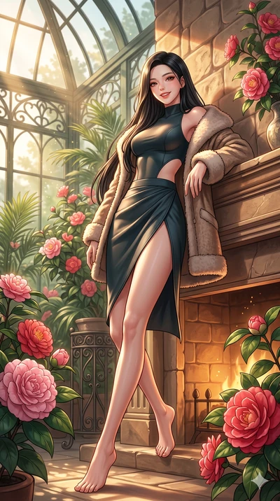 score_9, masterpiece, best quality, ultra-detailed, high-budget anime keyframe, vibrant anime aesthetic, Korean woman. low angle full-body shot from head to toe showing her feet, filling the entire 9:16 vertical frame with her statuesque presence, st