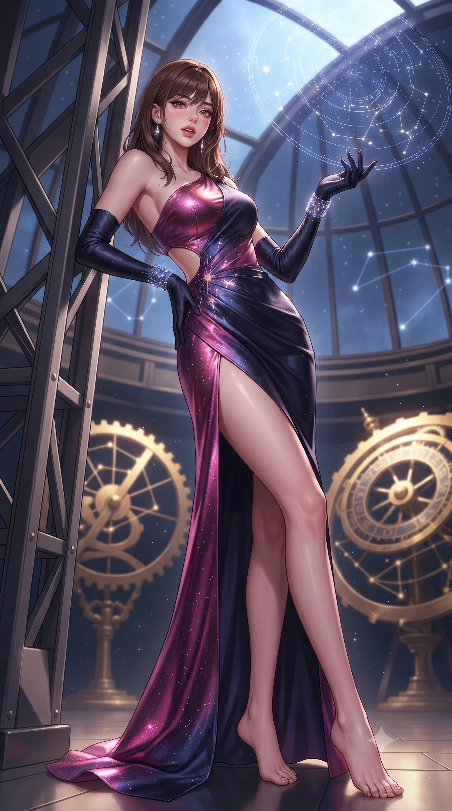 score_9, masterpiece, best quality, ultra-detailed, high-budget anime keyframe, editorial fashion photography, tasteful artistic composition, Korean woman. low angle full-body shot from head to toe showing her feet, filling the entire 9:16 vertical frame with her statuesque presence, stretching her vertical silhouette. leaning deep against the structural architecture with hips cocked in an unapologetically bold, seductive high-fashion stance while arching her spine in a fluid dancer stretch beneath the open observatory glass dome, fingers lightly tracing a floating star map. The composition keeps background elements in soft focus with creamy bokeh. glowing brass astrolabe gears and constellation hologram lines softened in romantic shallow focus. She has an absolutely perfect, statuesque 8.5-heads proportion, an exceptionally tall and slender model-like female figure with impossibly long slender legs, a toned flat midriff, an ultra-slim waist, and beautifully sculpted feminine hips. sharp v-shaped jawline, high-bridge nose, intricate jewel-like eyes with depth, thick eyelashes, glossy parted lips with a natural sheen, intensely captivating and seductive bedroom-eyes expression, flawlessly proportioned anatomical accuracy, strict slender model proportions, natural body alignment, perfectly sculpted long slender limbs, ultra-slim waistline, clean dynamic posture without body distortion. wearing an asymmetric one-shoulder metallic gown with celestial starburst embroidery and bare side cutouts in cosmic magenta and dark space navy, tailored from ultra-smooth duchess satin with a pearlescent celestial sheen, complemented by opera-length midnight satin gloves and glowing stardust cuffs, the liquid-tight tailored fabric clinging flawlessly to her narrow waist and rounded feminine hips, emphasizing every millimeter of her sculpted hourglass curves during movement. illuminated by starlight edge lights carving her slender waist, bare collarbones, and feminine hip line. ultra-reflective glossy finish, specular highlights, rich textural contrasts, high-contrast stereoscopic depth, volumetric dynamic lighting, 2k, ultra detail, master piece, 9:16 ratio