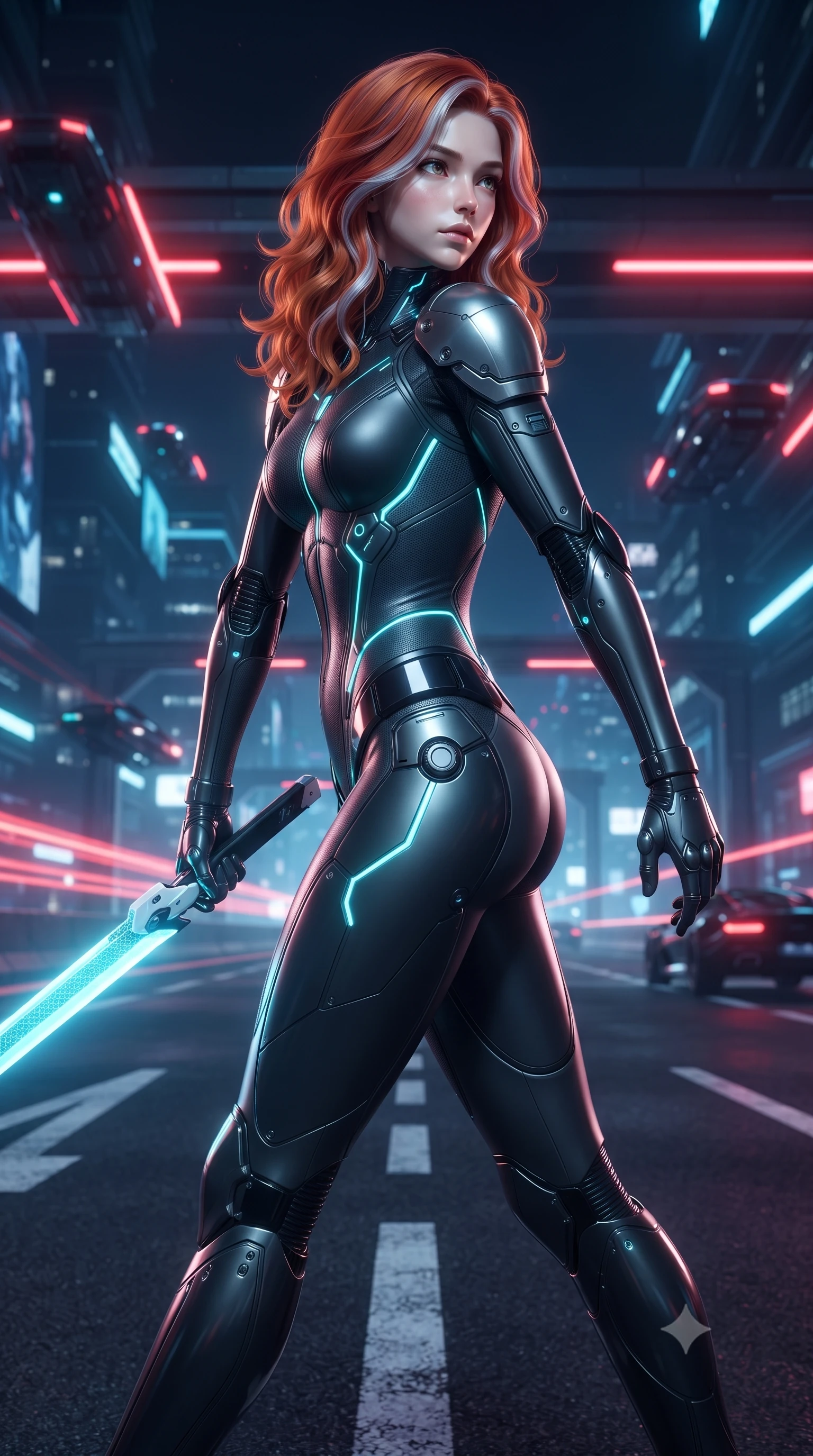 score_9, masterpiece, best quality, ultra-detailed, high-budget anime keyframe, editorial fashion photography, tasteful artistic composition, Caucasian woman. close-up cowboy shot from the waist and thighs up, the character dominates the composition, filling the frame with her large presence. stretching forward with an alluring arch of her spine, glancing over her shoulder with divine self-assurance and magnetic intensity while striding commanding down an elevated neon-lit expressway as autonomous cyber-traffic speeds past in blurred light trails. The surrounding environment is rendered in vivid detail and crisp panoramic clarity. razor-sharp glowing crimson blade edges, detailed carbon-weave armor textures, and asphalt markings in deep focus. She has an exceptionally elegant, slender, and willowy female figure with an ultra-slim waist, a gracefully sculpted slender torso, toned flat midriff, and a refined slim silhouette. sharp v-shaped jawline, high-bridge nose, intricate jewel-like eyes with depth, thick eyelashes, glossy lips with a natural sheen, flawlessly proportioned anatomical accuracy, strict slender model proportions, natural body alignment, perfectly sculpted long slender limbs, ultra-slim waistline, clean dynamic posture without body distortion. wearing an aerodynamic matte-black carbon-fiber bodysuit with glowing neon cyan conduit lines, reinforced by polished titanium pauldrons, wielding a sleek holographic plasma katana with a brilliant energy blade in glacial ice-cyan carbon mesh with pure white armor plates, formed from high-gloss patent carbon-plating with specular chiaroscuro reflections, finished with high-mobility articulation joints and miniature magnetic armor locks, the glove-like aerodynamic second-skin fit tightly clinging to her ultra-slender waist and athletic curves without adding bulk, accentuating her razor-sharp statuesque lines and slim hourglass silhouette. illuminated by sharp specular highlights tracing her ultra-slim waist, long legs, and sculpted armor plates. ultra-reflective glossy finish, specular highlights, dark metallic sheen, high-contrast stereoscopic depth, volumetric dynamic lighting, 2k, ultra detail, master piece, 9:16 ratio