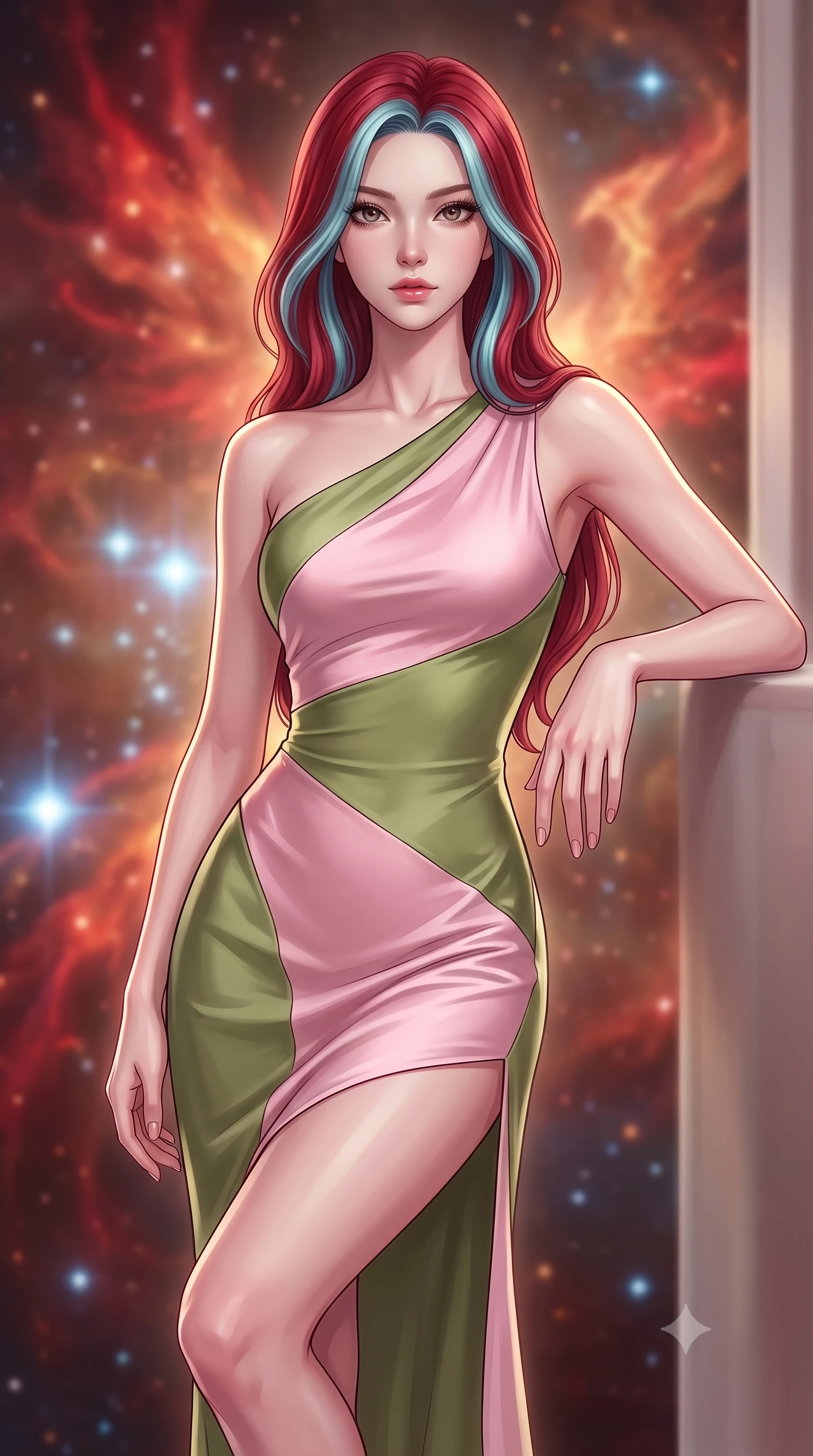 score_9, masterpiece, best quality, ultra-detailed, high-budget anime keyframe, editorial fashion photography, tasteful artistic composition, Caucasian woman, strictly human ears. close-up cowboy shot from the waist and thighs up, the character dominates the composition, filling the frame with her large presence, background elements kept in soft focus. Resting one arm elegantly against a surface with a poised relaxed stance. set against a soft-focus background of inside a spectacular nebula naturally shaped like a cosmic phoenix where dying red giant stars shed their outer layers in explosive color birthing brilliant new blue-white stars in cascading chain reactions. She has an exceptionally elegant and slender, willowy female figure with an ultra-slim waist, a gracefully sculpted slender torso, and a refined slim physique. sharp v-shaped jawline, high-bridge nose, intricate jewel-like eyes with depth, thick eyelashes, glossy lips with a natural sheen. wearing a sleek asymmetric one-shoulder dress in pastel pink and olive green silk, following her slender frame with sharp lines. soft glowing ambient light with sharp side key light tracing the sleek contours of her figure. 2k, ultra detail, master piece, 9:16 ratio