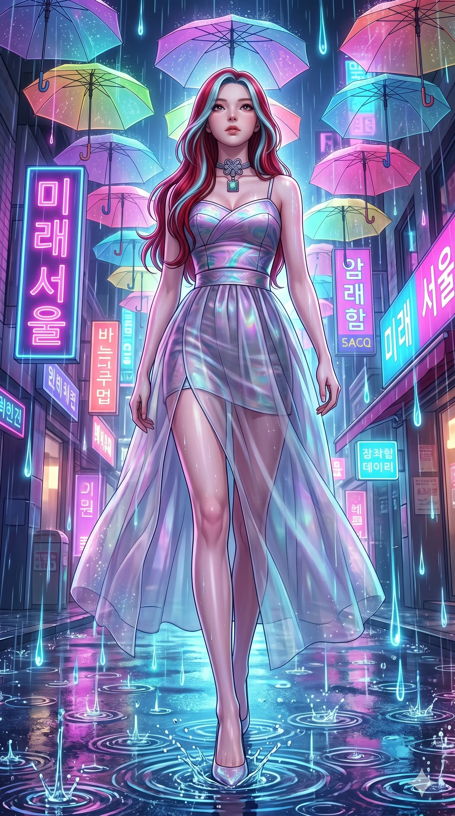 score_9, masterpiece, best quality, ultra-detailed, high-budget anime keyframe, Korean woman. low angle full-body shot filling the entire 9:16 frame with her statuesque presence, stretching the vertical silhouette. navigating a wet neon-lit future street under colorful floating umbrellas as translucent neon raindrops fall, creating brilliant splash ripples. She has an absolutely perfect 8-heads proportion, an exceptionally tall and slender female figure with impossibly long slender legs and an ultra-slim waist. V-shaped jawline, high-bridge nose, intricate jewel-like eyes with depth, thick eyelashes, glossy lips with a natural sheen.. wearing a modern fusion silk hanbok dress, featuring a silk bustier top, layered semi-opaque organza skirts, and a traditional knot choker. illuminated by dramatic chiaroscuro casting soft shadows along her elegant contours, with vibrant backlighting highlighting the dust particles. 2k, ultra detail, master piece, 9:16 ratio