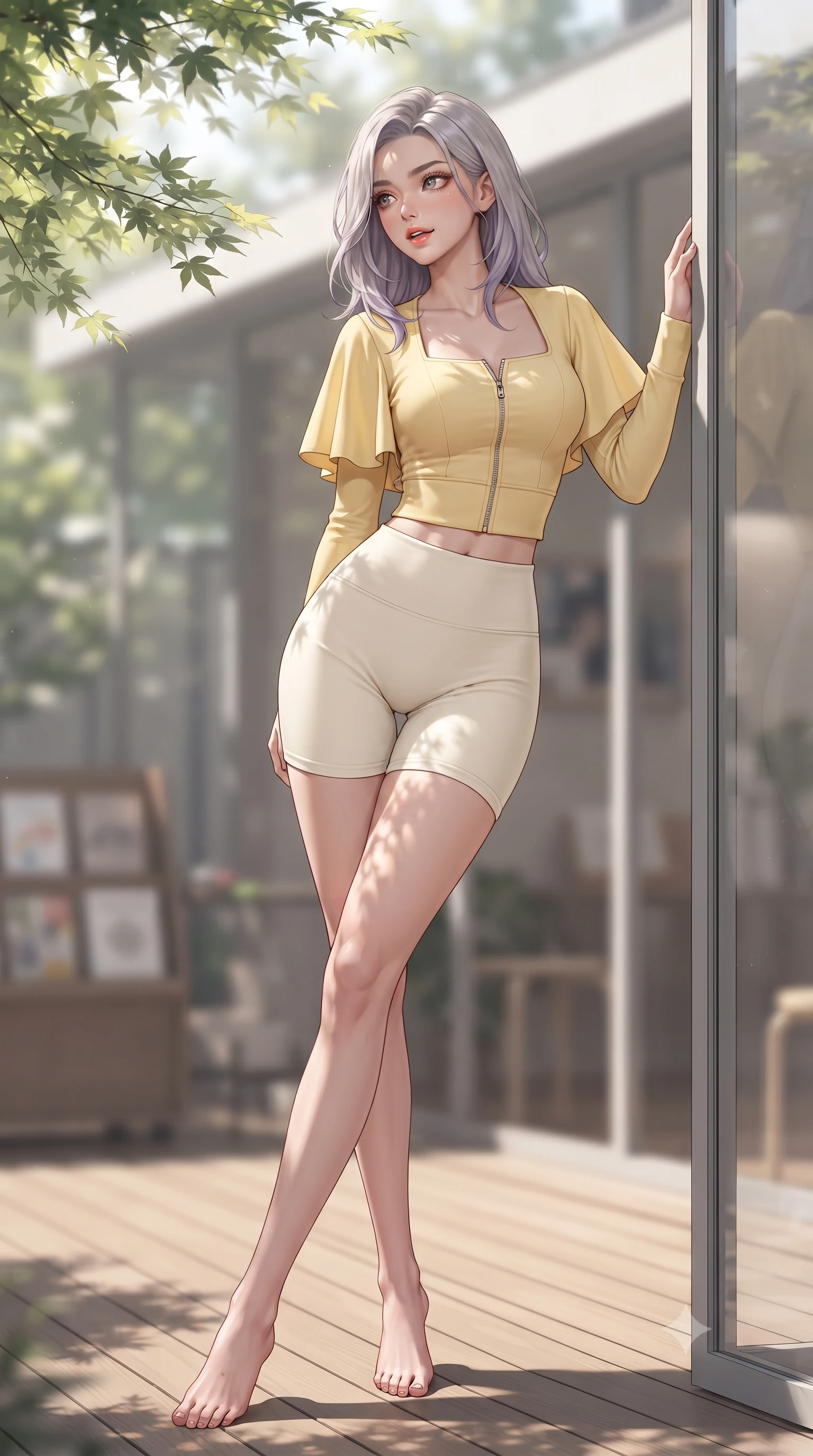 score_9, masterpiece, best quality, ultra-detailed, high-budget anime keyframe, editorial fashion photography, tasteful artistic composition, Caucasian woman. low angle full-body shot from head to toe showing her feet, filling the entire 9:16 vertical frame with her statuesque presence, stretching her vertical silhouette. executing a cheerful mid-motion pivot turn as her skirt flutters around her slender legs, glancing over her shoulder with an intoxicating, teasing cute expression while leaning against a minimalist glass pavilion wall with hips cocked back, casting an enchanting, playful bedroom-gaze past leafy maple branches. The composition keeps background elements in soft focus with dreamy creamy bokeh. outdoor wooden deck terraces and book display displays softened in sophisticated Tokyo shallow focus. She has an exceptionally tall and slender model-like 8.5-heads proportion, an ultra-slim waist, a flat toned midriff, narrow delicate ribcage, and beautifully sculpted feminine hips creating a graceful, slim hourglass silhouette without any bulky heaviness, with impossibly long slender legs. sharp v-shaped jawline, high-bridge nose, intricate jewel-like sparkling eyes with depth, thick eyelashes, glossy parted lips with a natural peach sheen, bright cheerful beaming smile with an enchanting and coquettish sensual glint, exuding both youthful cute charm and seductive allure, flawlessly proportioned anatomical accuracy, strict slender model proportions, natural body alignment, perfectly sculpted long slender limbs, ultra-slim waistline, clean dynamic posture without body distortion. wearing a sporty chic zip-up crop jacket paired with high-waisted biker shorts clinging to her athletic hips in bright butter yellow and fresh cream white, crafted from soft cozy cashmere yarn with an airy drape, featuring elegant flutter sleeves and a graceful square neckline, the form-fitting cut adhering flawlessly to her sculpted flat midriff and slender torso, emphasizing her long leg lines and perfectly proportioned willowy build. bathed in soft, dappled morning sunlight filtering through Japanese maple leaves. ultra-reflective glossy finish, specular highlights, rich textural contrasts, high-contrast stereoscopic depth, volumetric dynamic lighting, 2k, ultra detail, master piece, 9:16 ratio