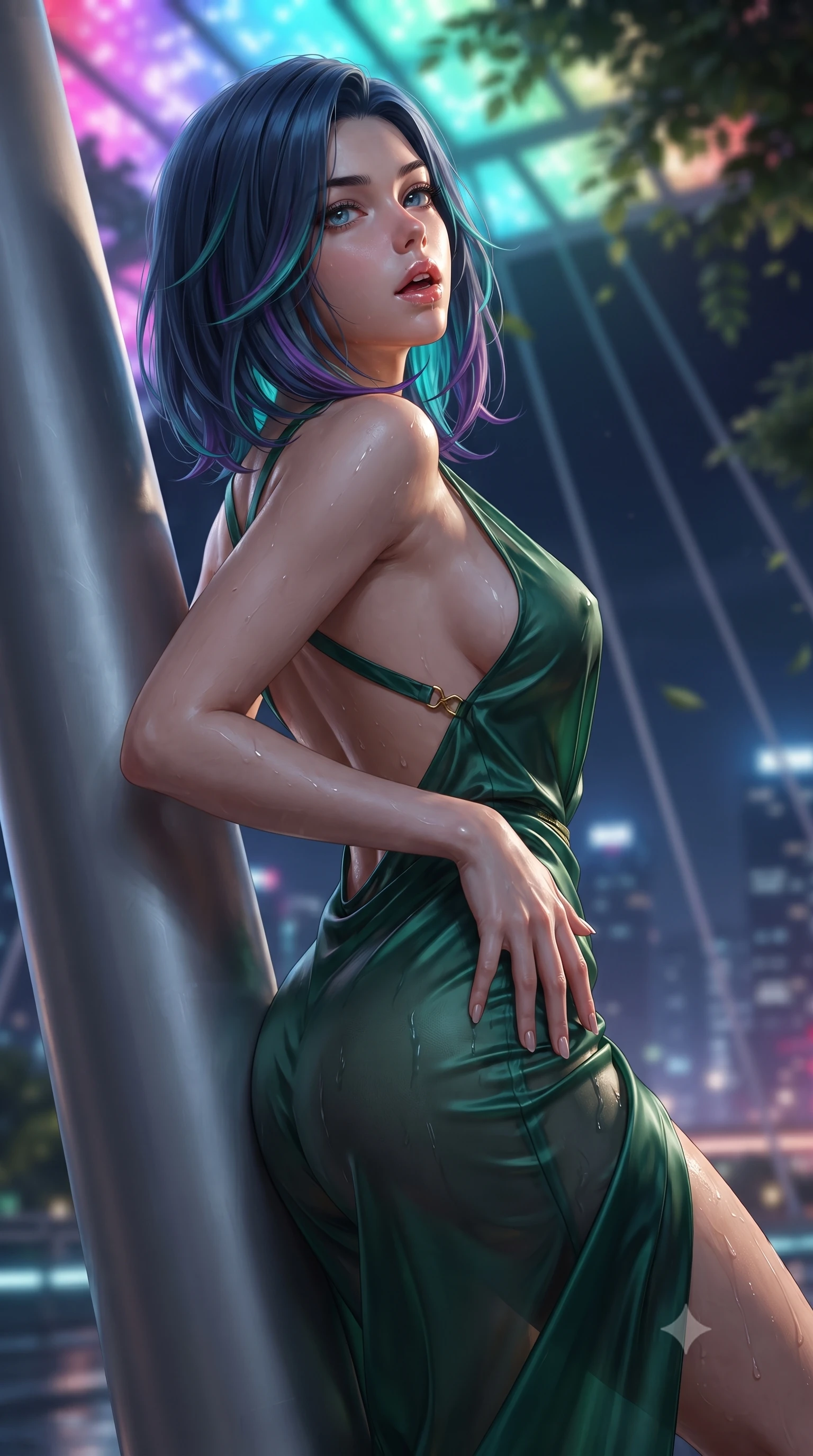 score_9, masterpiece, best quality, ultra-detailed, high-budget anime keyframe, editorial fashion photography, tasteful artistic composition, Caucasian woman. close-up cowboy shot from the waist and thighs up, the character dominates the composition, filling the frame with her large presence. resting one manicured hand delicately on her hip bone, her upper body turning in a fluid, seductive S-curve while parted lips glisten in the light while reclining against the smooth titanium skyway pylon, head tilted back in awe as color-shifting LED canopies cast vivid hues over her silhouette. The composition keeps background elements in soft focus with creamy bokeh. floating botanical canopy foliage and suspension cable lines softened in cinematic shallow depth of field. She has an exceptionally elegant, slender, and willowy female figure with an ultra-slim waist, flat toned midriff, narrow ribcage, and sculpted feminine hips creating an alluring, slim hourglass silhouette without bulk. sharp v-shaped jawline, high-bridge nose, intricate jewel-like eyes with depth, thick eyelashes, glossy parted lips with a natural sheen, intensely captivating and seductive bedroom-eyes expression, flawlessly proportioned anatomical accuracy, strict slender model proportions, natural body alignment, perfectly sculpted long slender limbs, ultra-slim waistline, clean dynamic posture without body distortion. wearing a delicate semi-translucent silk yukata that clings to her wet skin and curvy hip contours in deep emerald green satin and gold hardware, tailored from smooth liquid silk satin adhering seamlessly to her skin, finished with criss-cross back satin straps highlighting her graceful shoulder blades, the dramatically scooped open back descending to the base of her spine, accentuating her razor-sharp statuesque lines and slim hourglass silhouette. bathed in dynamic color-shifting LED canopy lights from above and ambient city skyline uplights. ultra-reflective glossy finish, specular highlights, rich textural contrasts, high-contrast stereoscopic depth, volumetric dynamic lighting, 2k, ultra detail, master piece, 9:16 ratio