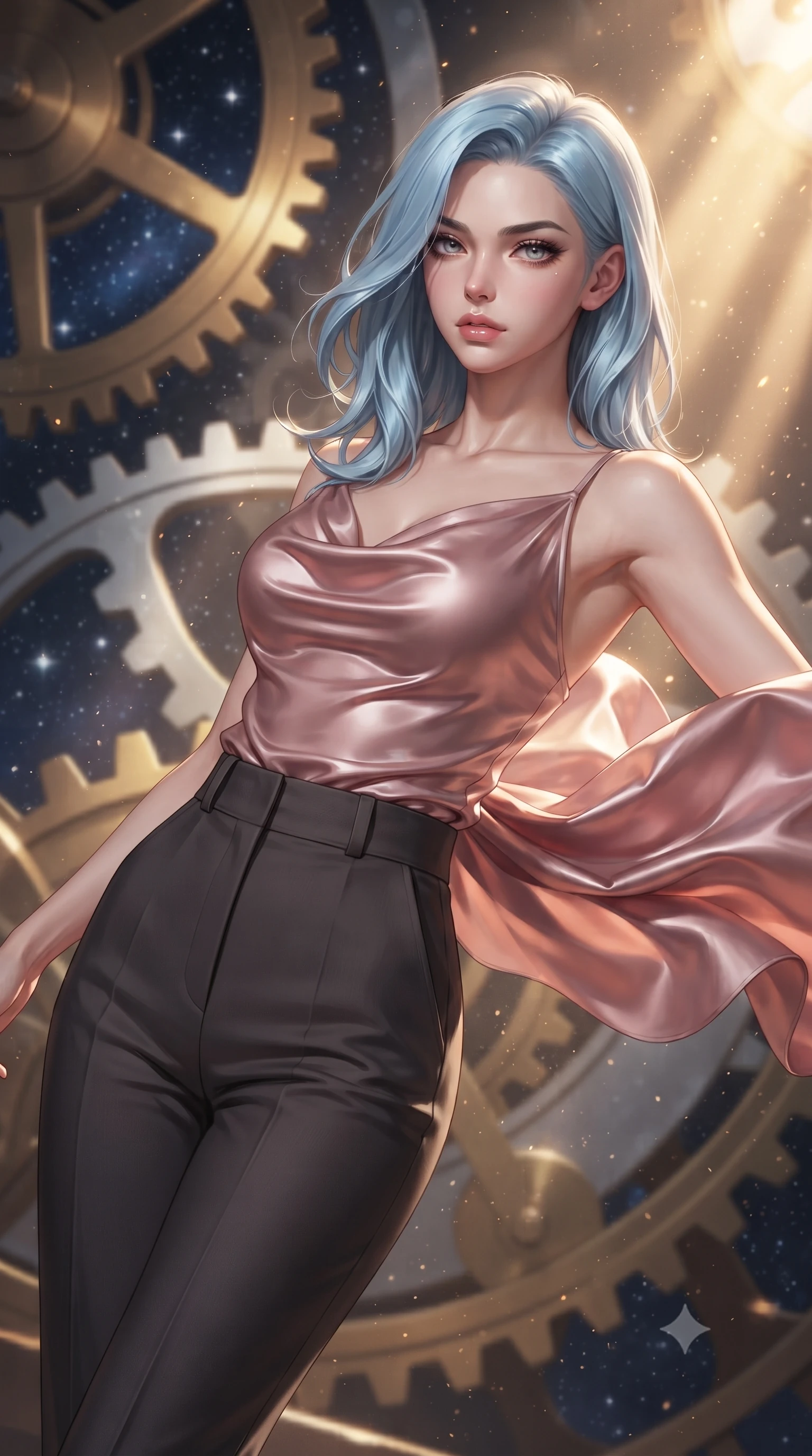 score_9, masterpiece, best quality, ultra-detailed, high-budget anime keyframe, editorial fashion photography, tasteful artistic composition, realistic cosplay photography, Korean woman. close-up cowboy shot from the waist and thighs up, the character dominates the composition, filling the frame with her large presence, background elements kept in soft focus. Leaning back to dodge a fast strike with fluid grace, casting a cold side-glare. set against a soft-focus background of inside a cosmic clockwork mechanism, with massive brass and silver gears rotating slowly, starfields visible between teeth. She has an exceptionally elegant and slender, willowy female figure with an ultra-slim waist, a gracefully sculpted slender torso, and a refined slim physique. sharp v-shaped jawline, high-bridge nose, intricate jewel-like eyes with depth, thick eyelashes, glossy lips with a natural sheen. wearing the lightweight fabric rippling and billowing dramatically with her movement, a body-hugging draped cowl-neck top in dusty pink satin, paired with high-waisted tailored trousers in deep charcoal. golden hour sunlight streaming in warm shafts with floating dust particles catching the light. ultra-reflective glossy finish, specular highlights, metallic sheen, high-contrast stereoscopic depth, volumetric dynamic lighting, 2k, ultra detail, master piece, 9:16 ratio