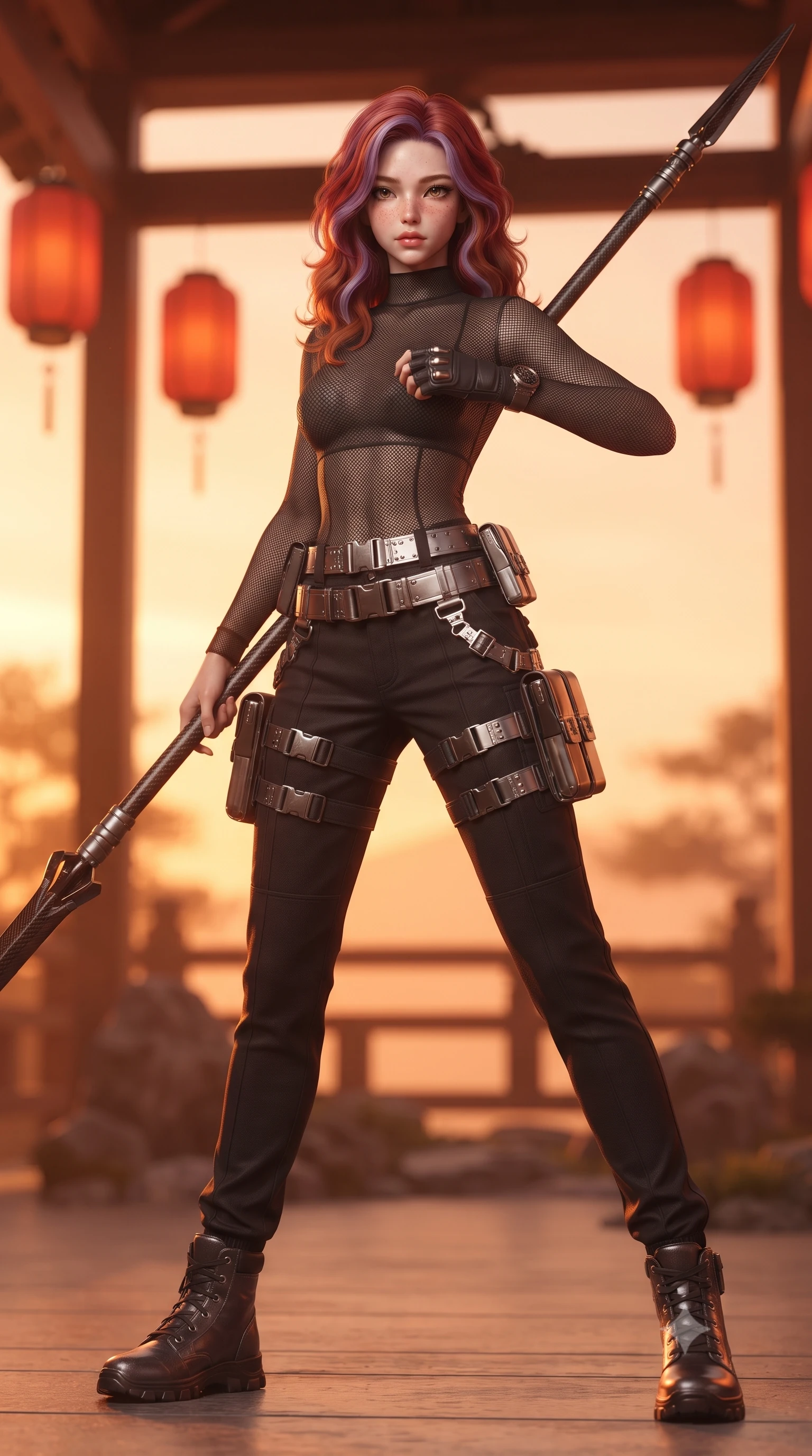 score_9, masterpiece, best quality, ultra-detailed, high-budget anime keyframe, editorial fashion photography, tasteful artistic composition, Caucasian woman. low angle full-body shot from head to toe showing her feet, filling the entire 9:16 vertical frame with her statuesque presence, stretching her vertical silhouette. standing in a dynamic combat stance with a carbon-fiber spear held diagonally, stretching her statuesque body, the background shows a soft-focus a rock garden balcony with red lanterns hanging from wooden beams in soft focus. She has an absolutely perfect, statuesque 8.5-heads proportion, an exceptionally tall and slender model-like female figure with impossibly long slender legs and an ultra-slim waist. sharp v-shaped jawline, high-bridge nose, intricate jewel-like eyes with depth, thick eyelashes, glossy lips with a natural sheen. wearing a form-contouring high-neck carbon-mesh tactical shirt tucked into structured combat trousers with metallic utility belts. warm sunset light casting a peaceful, cozy orange wash on her figure. ultra-reflective glossy finish, specular highlights, metallic sheen, high-contrast stereoscopic depth, volumetric dynamic lighting, 2k, ultra detail, master piece, 9:16 ratio