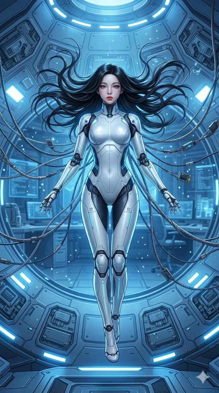 score_9, score_8_up, score_7_up, source_anime, masterpiece, best quality, ultra-detailed, same character with long flowing black hair, wearing a skin-tight white futuristic android body suit with synthetic joints, full body shot floating gracefully in a zero-gravity spherical chamber, high-tech laboratory, cool blue lighting, cables floating, 2k, 9:16 ratio